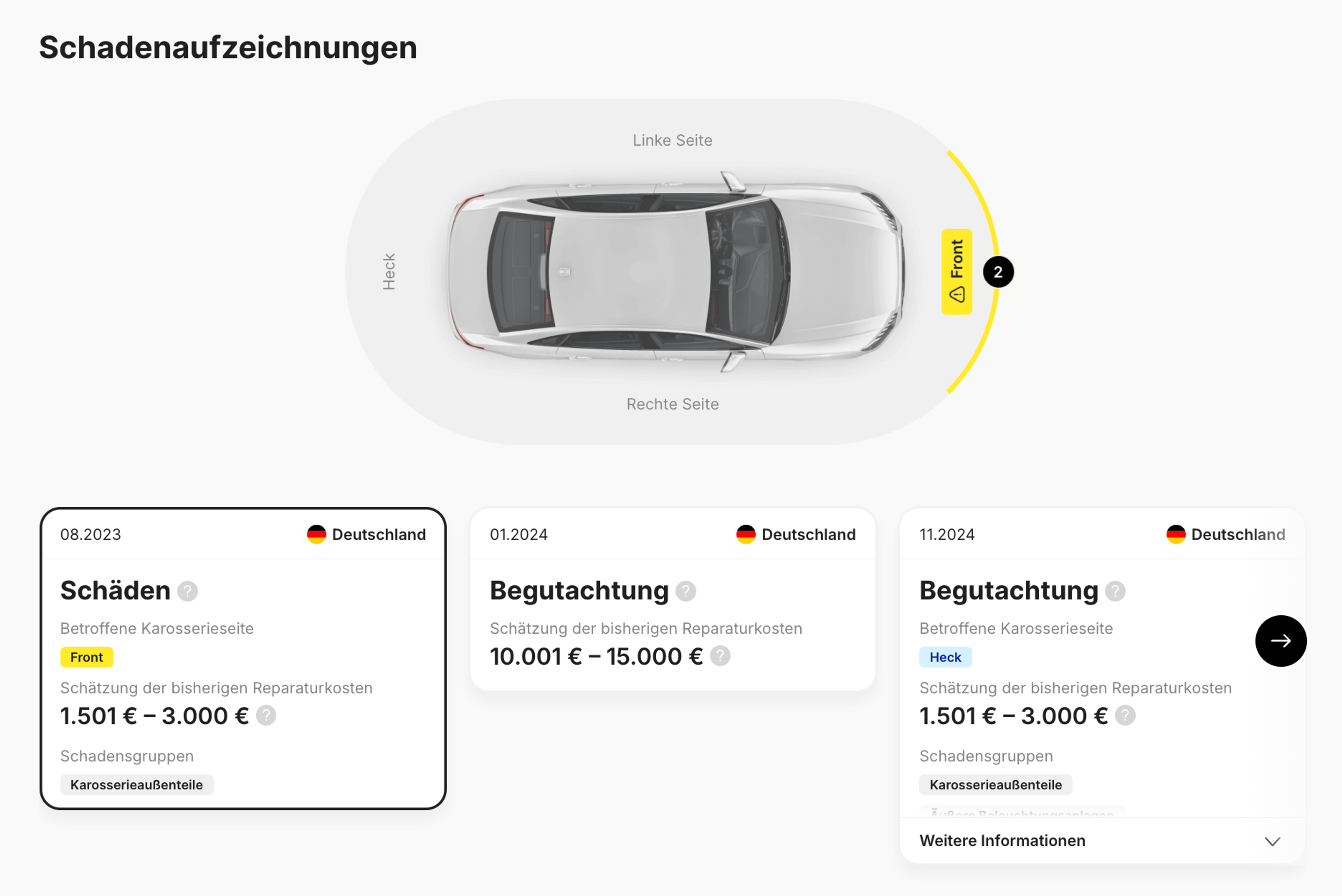 Schadenaufzeichnungen im carVertical-Bericht