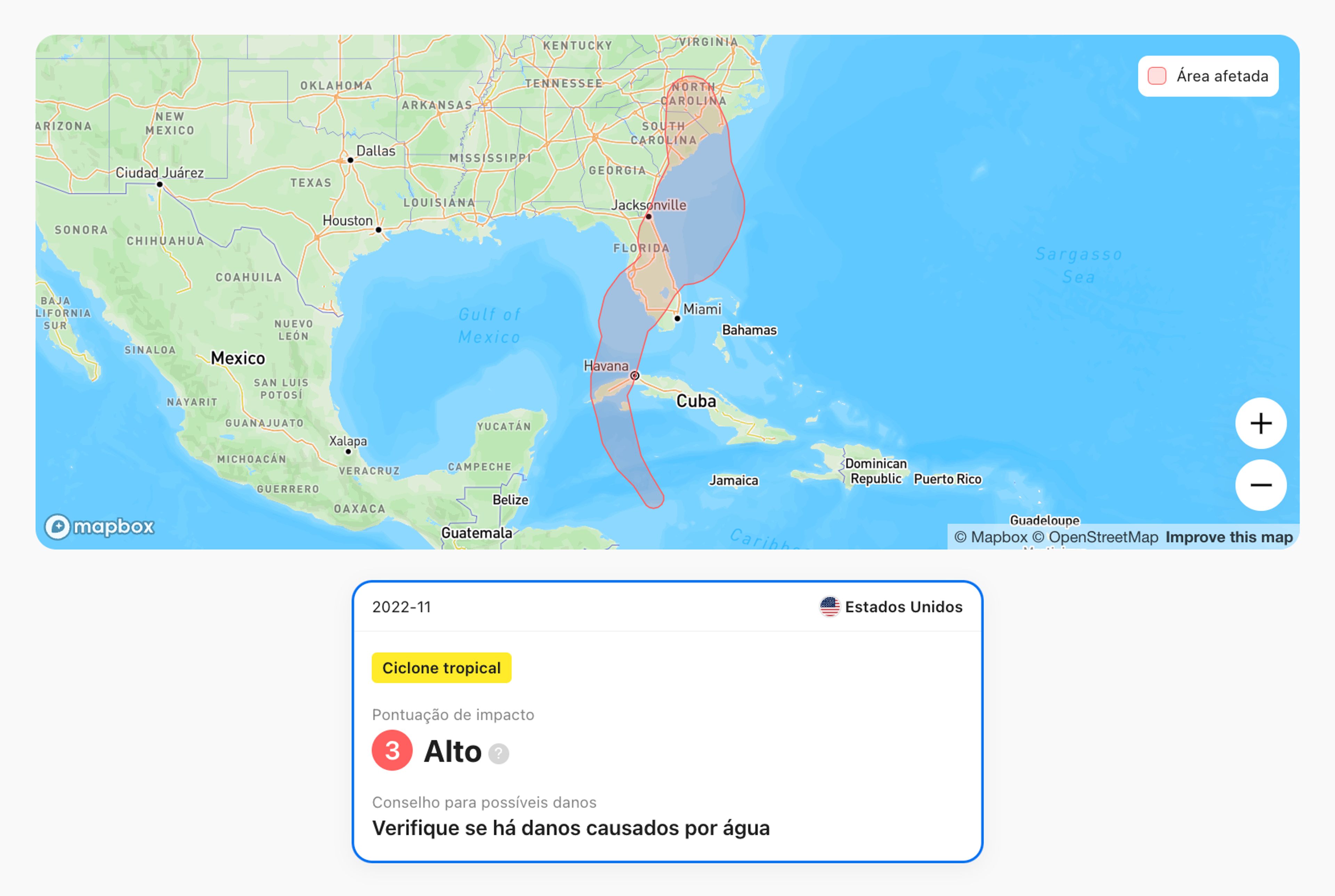 Registo de ciclone tropical num relatório de histórico de veículos