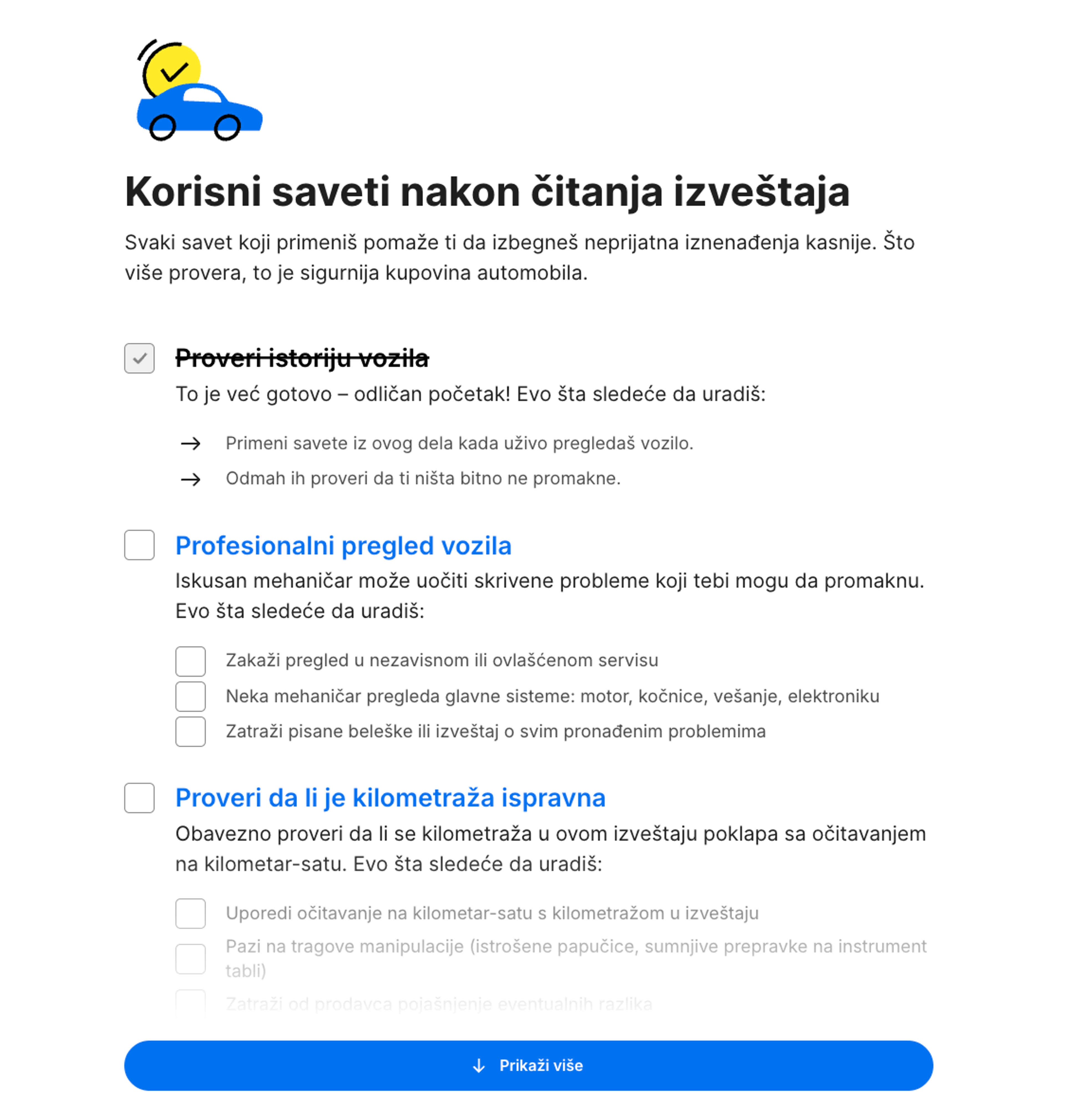Kontrolna lista „Šta je sledeće?“ u carVertical izveštaju