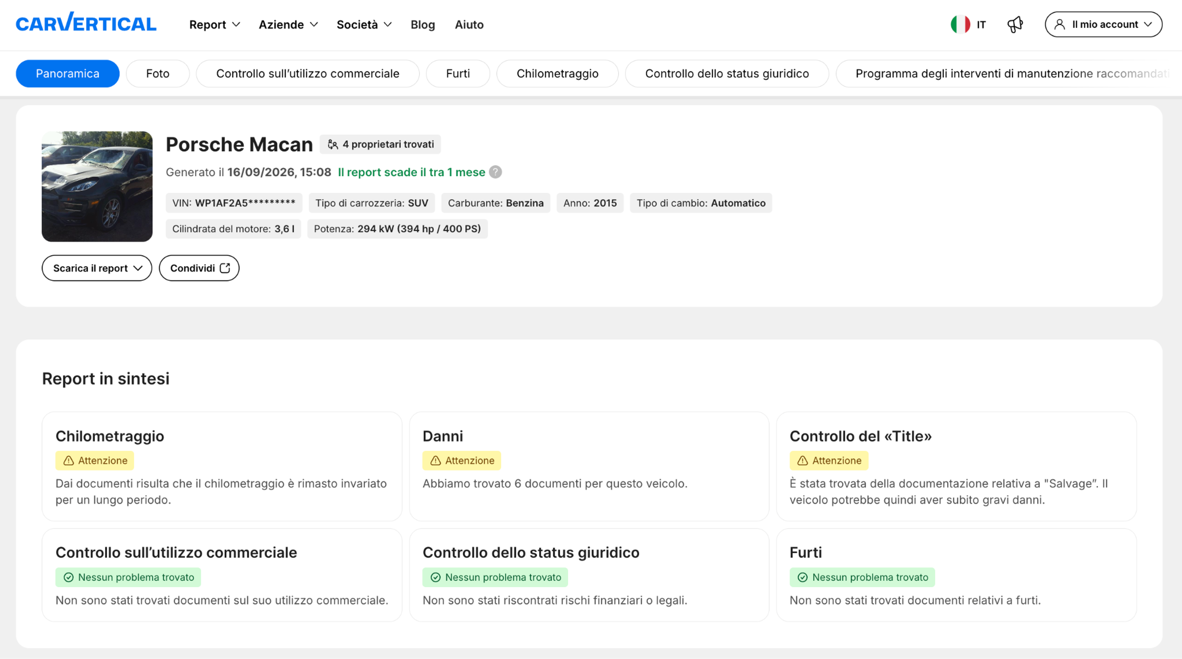 Sintesi dei dati nel report carVertical
