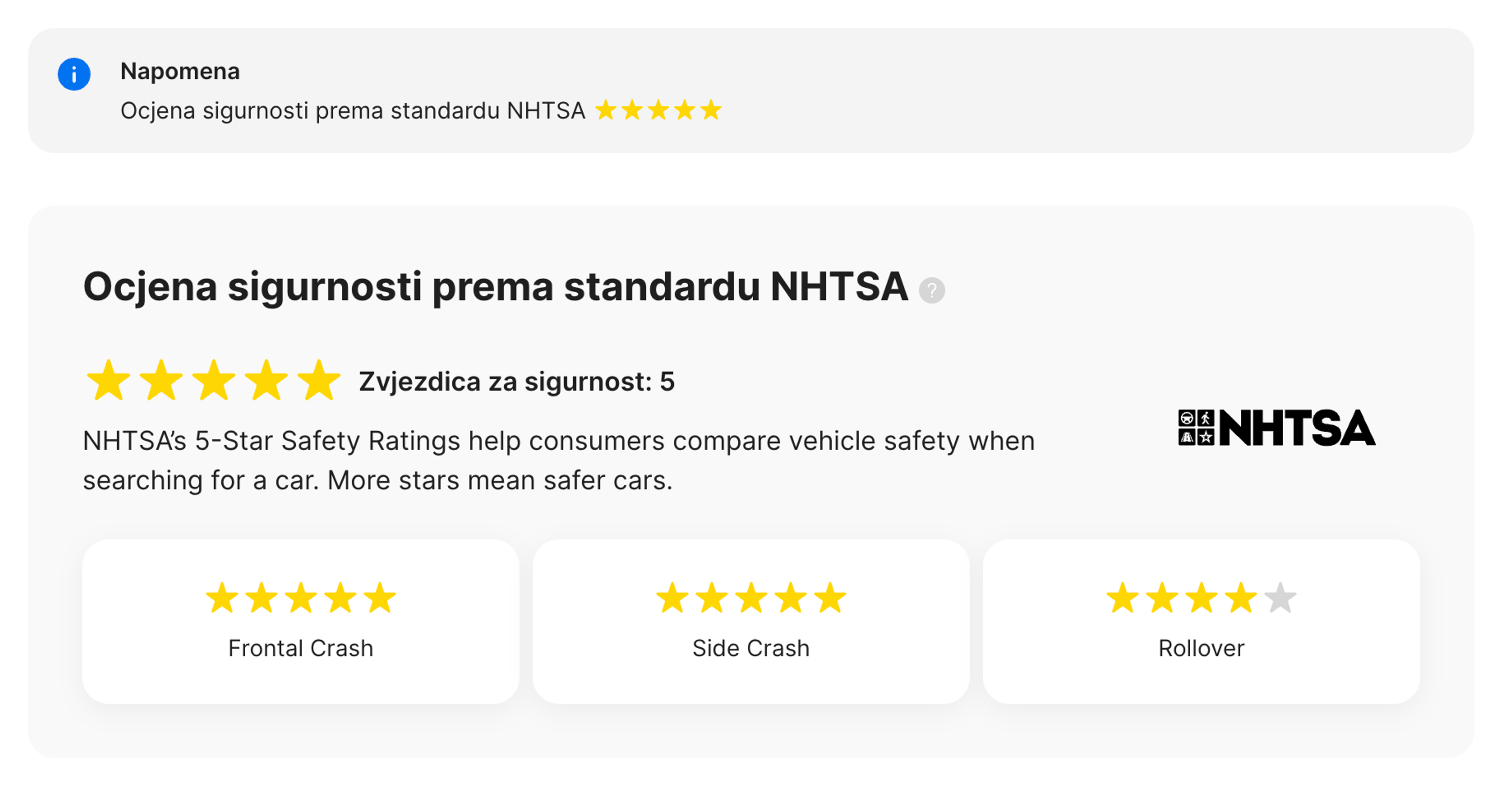 NHTSA odjeljak u carVertical izvješću