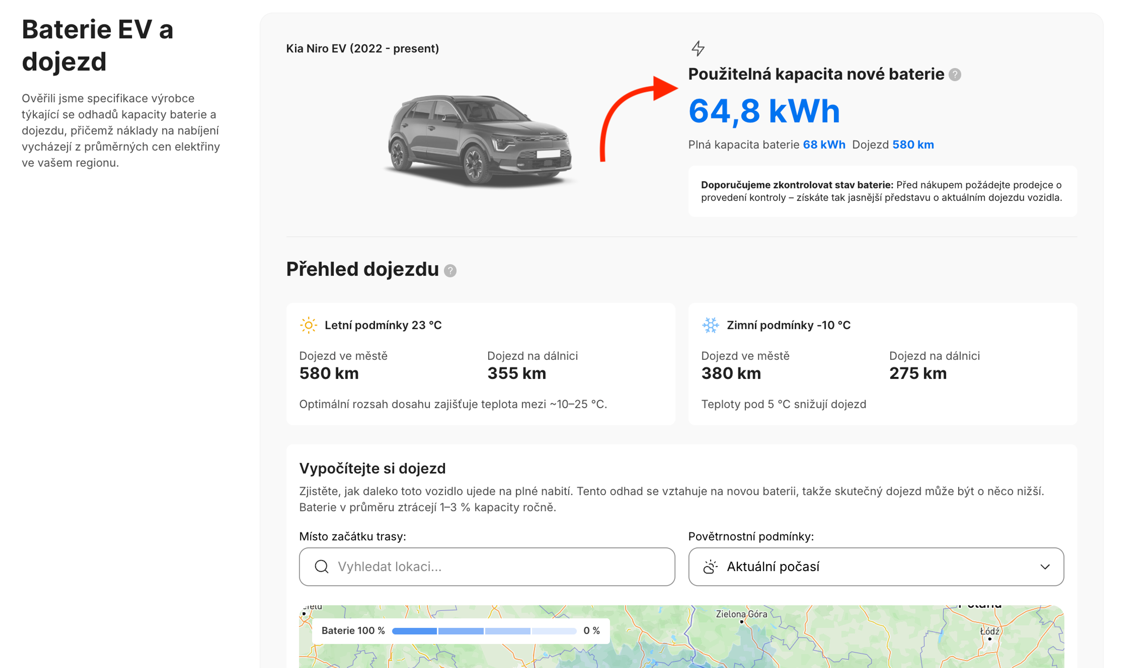 Kapacita baterie elektromobilu a odhadovaný dojezd v sekci baterie a dojezdu v přehledu.