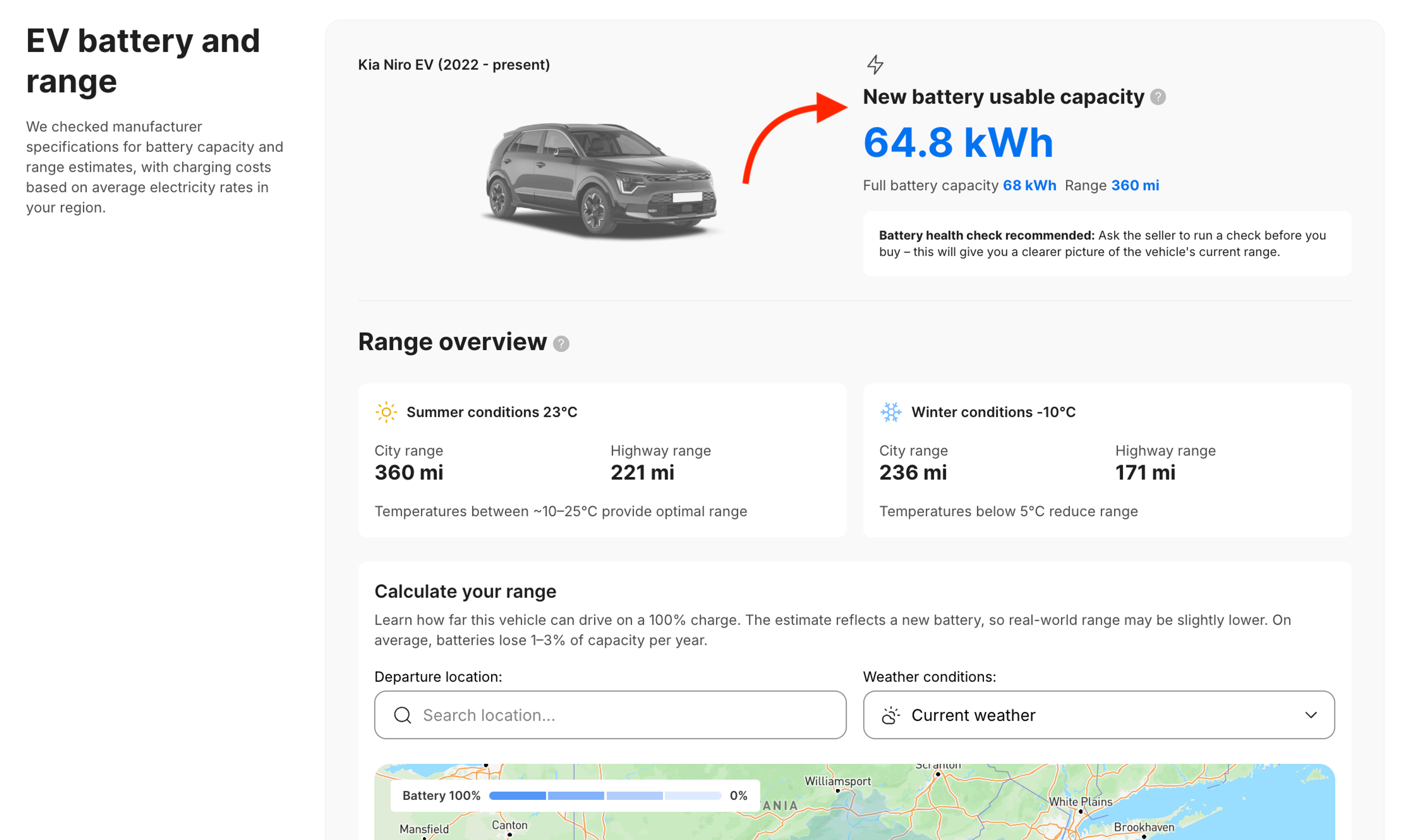 EV battery capacity and estimated driving range shown in the EV battery and range section of the report.