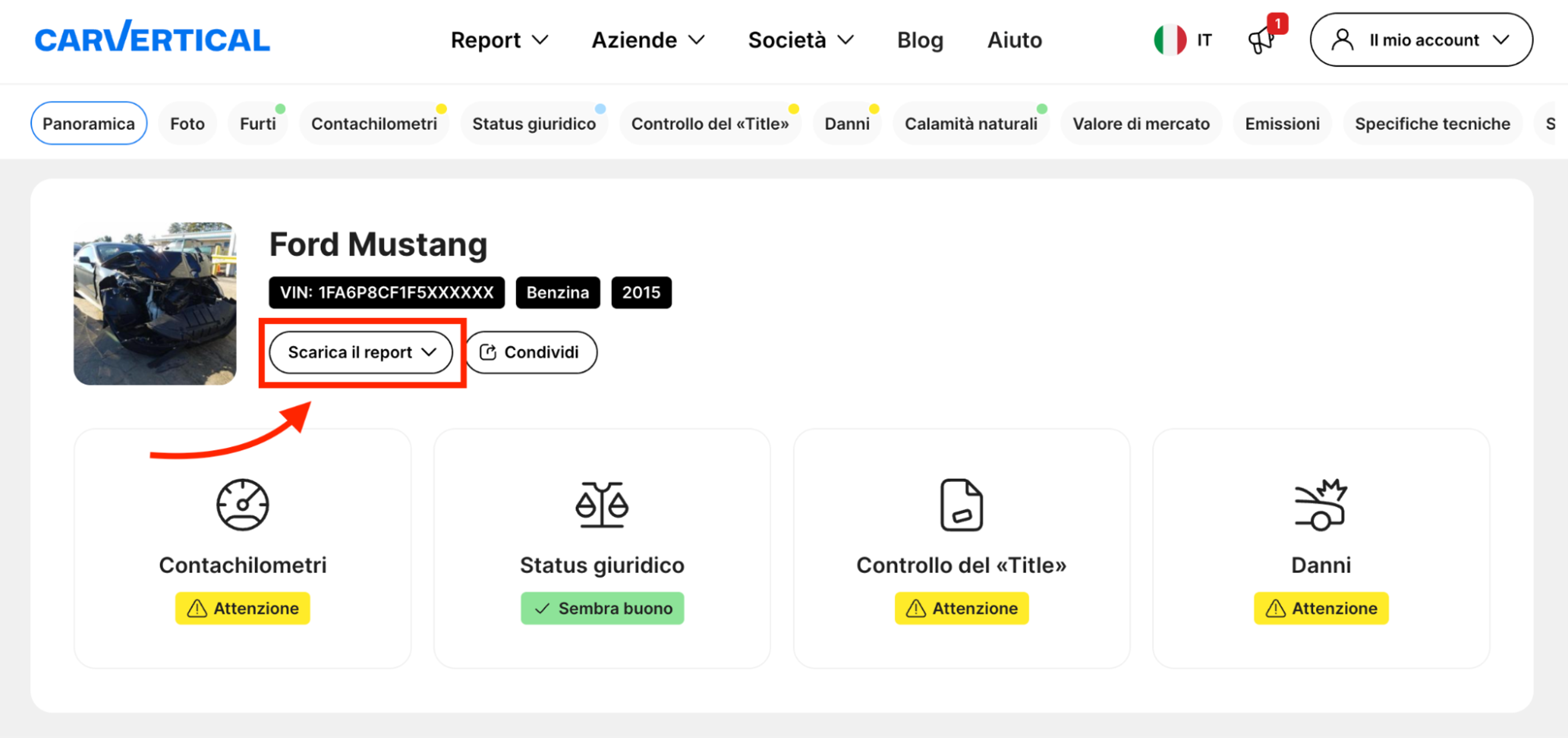 Estratto del report sullo storico di una Ford Mustang