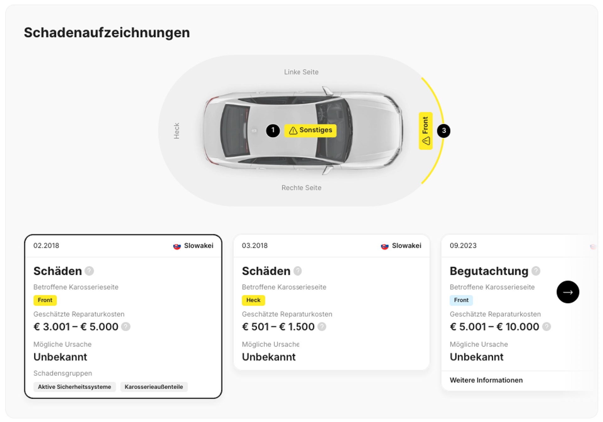 Abschnitt „Schäden” in einem Bericht zur Fahrzeughistorie von carVertical