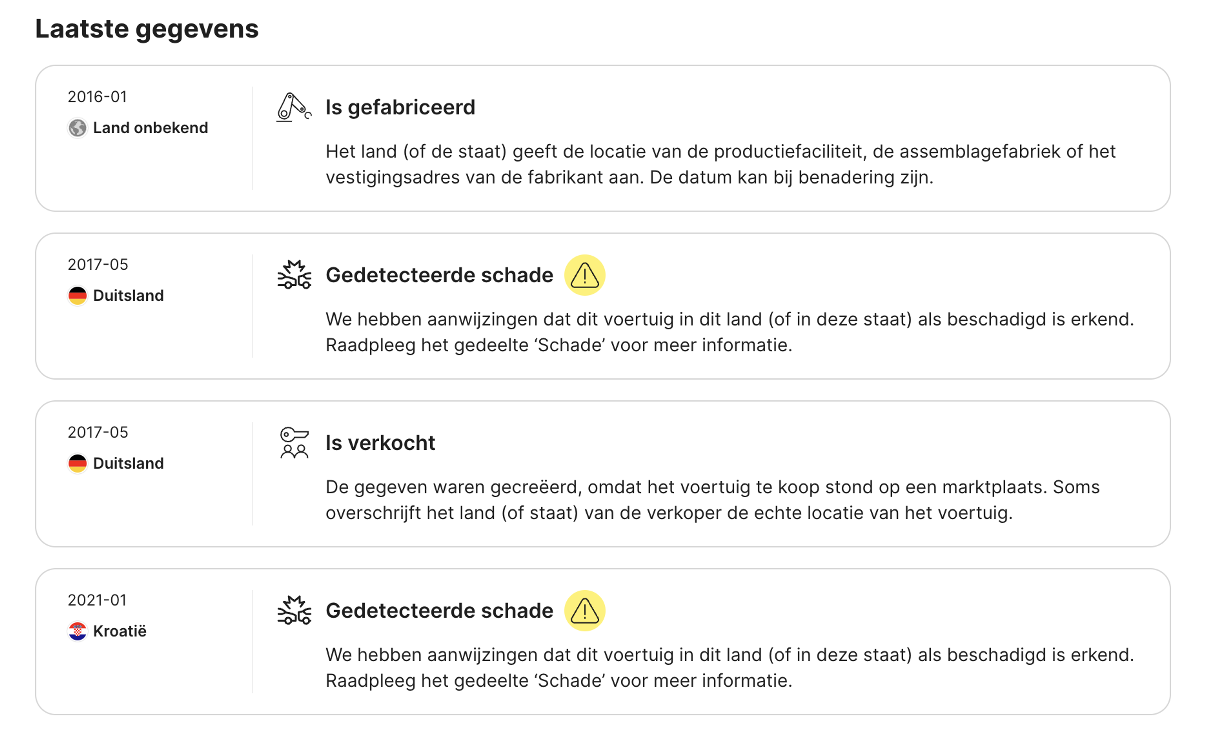 records gevonden in een tijdlijnsectie van het carVertical-rapport