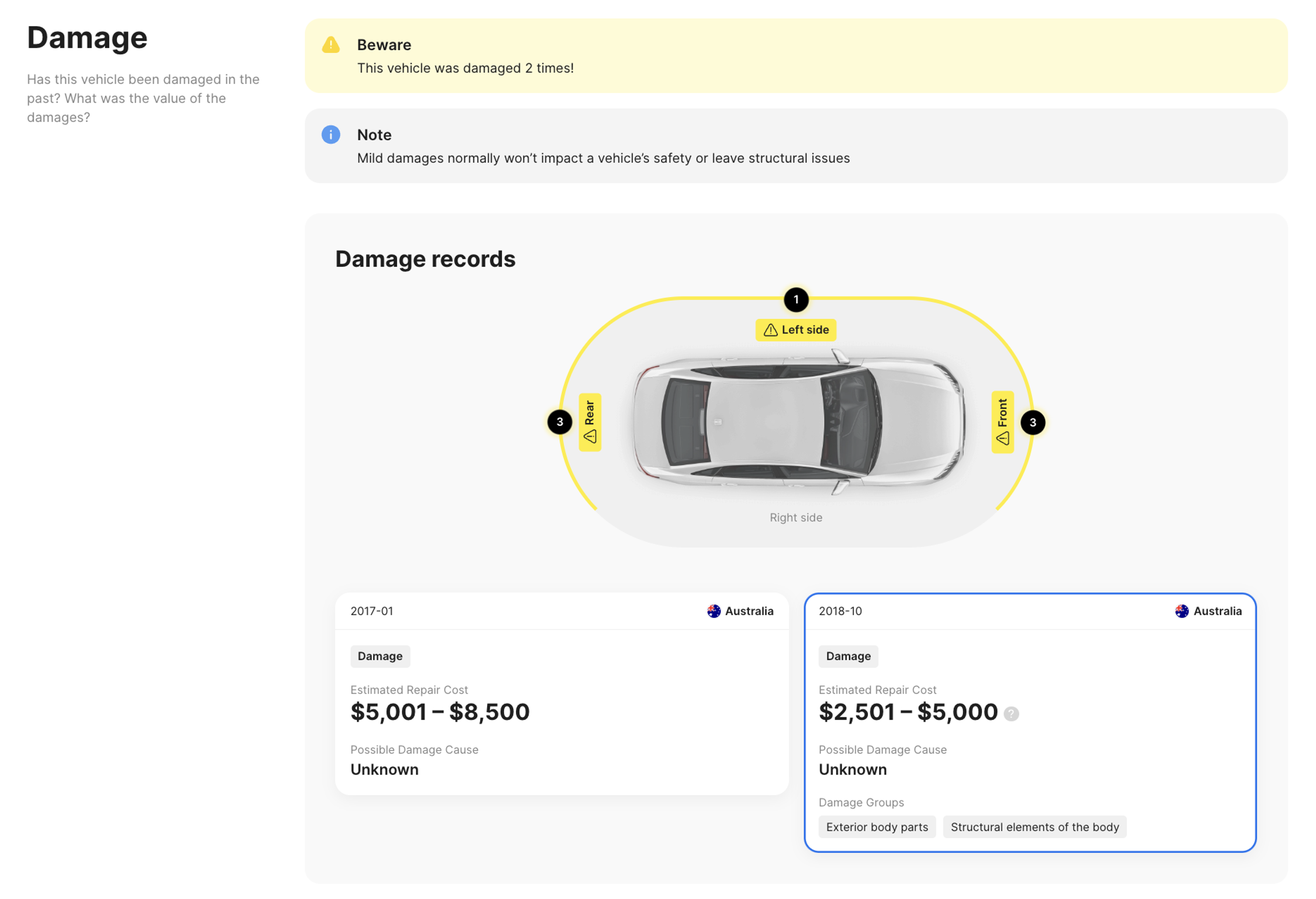 Damage section in carVertical report
