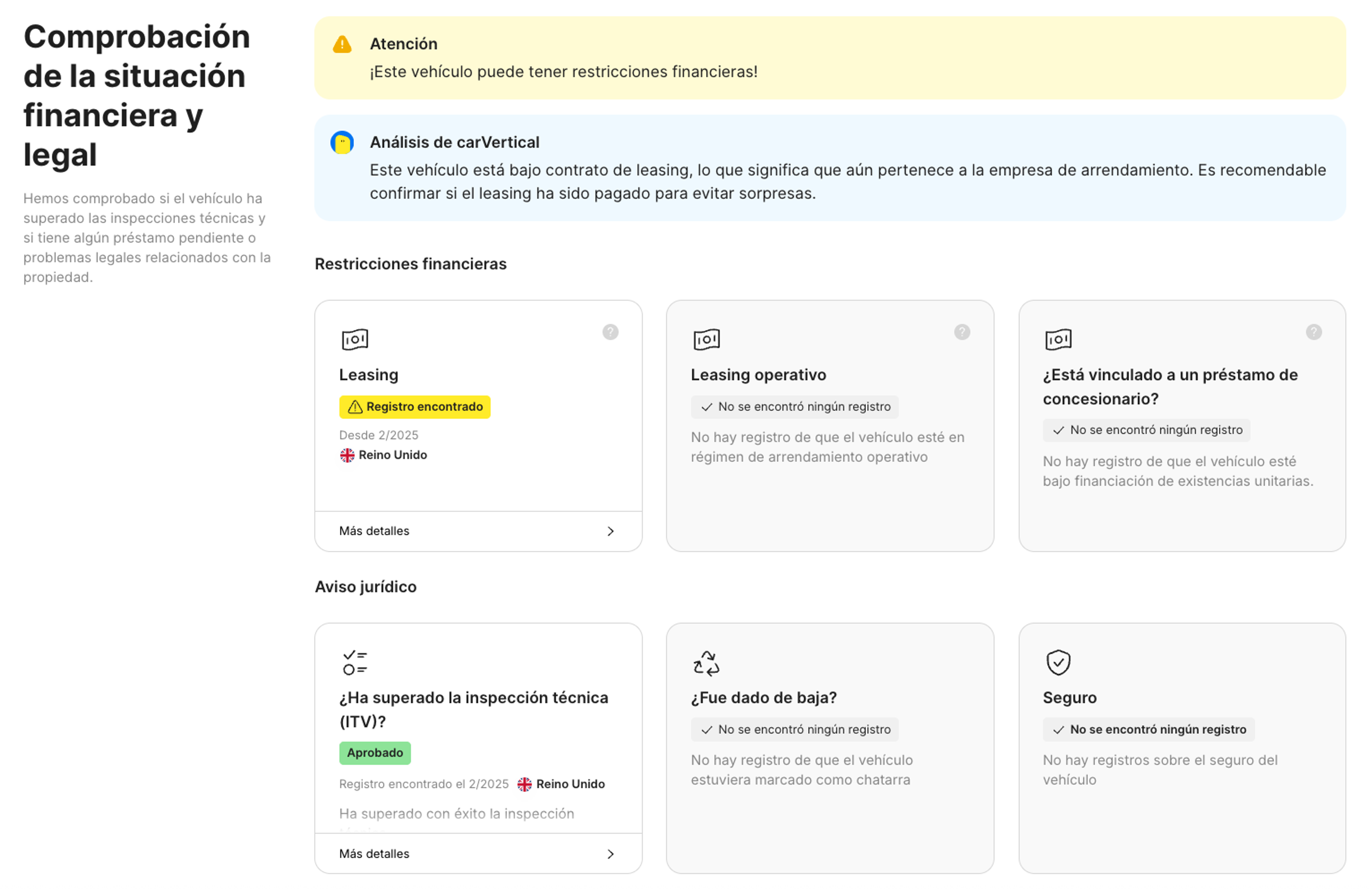 Función de estado financiero y legal en el informe de carVertical
