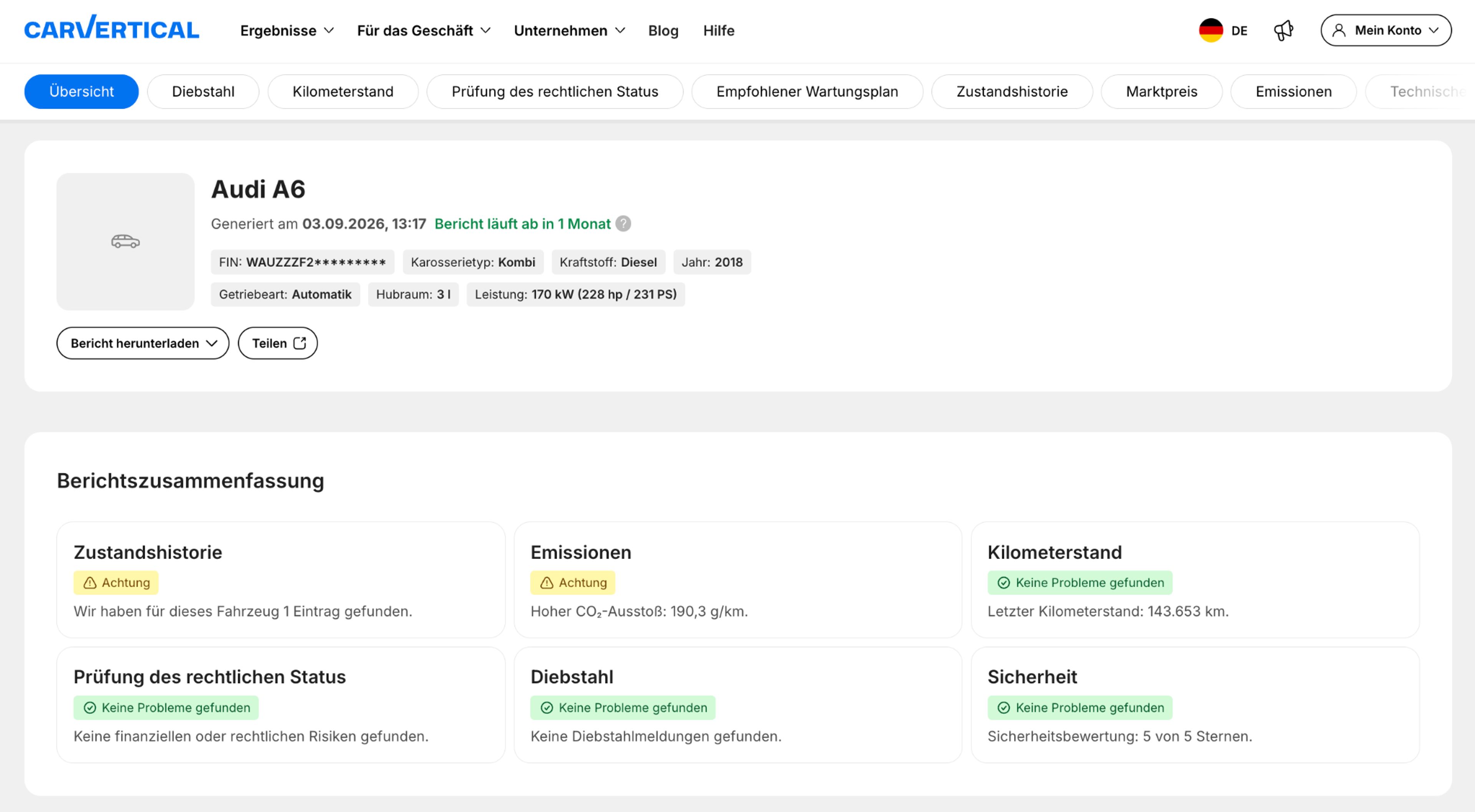 Zusammenfassung eines carVertical-Berichts