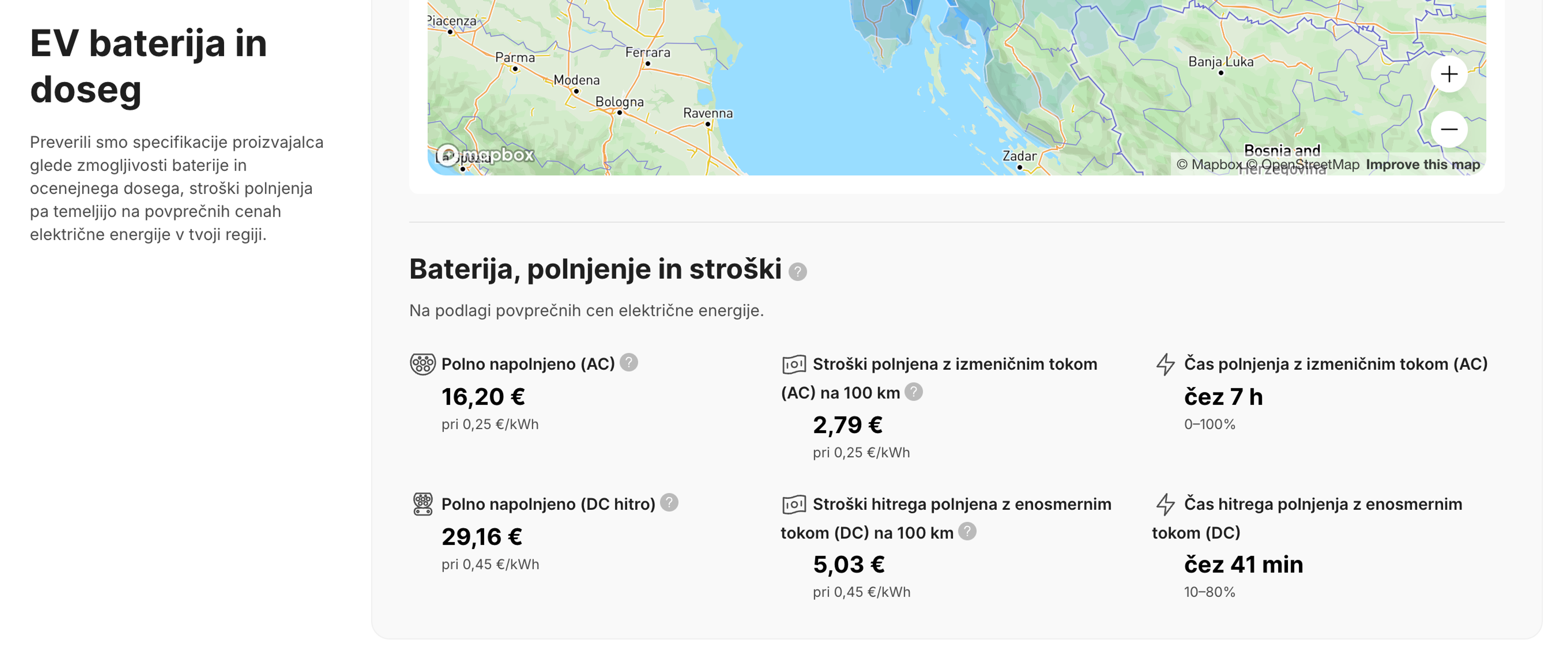 Ocene časa in stroškov polnjenja električnega vozila v poročilu o vozilu.