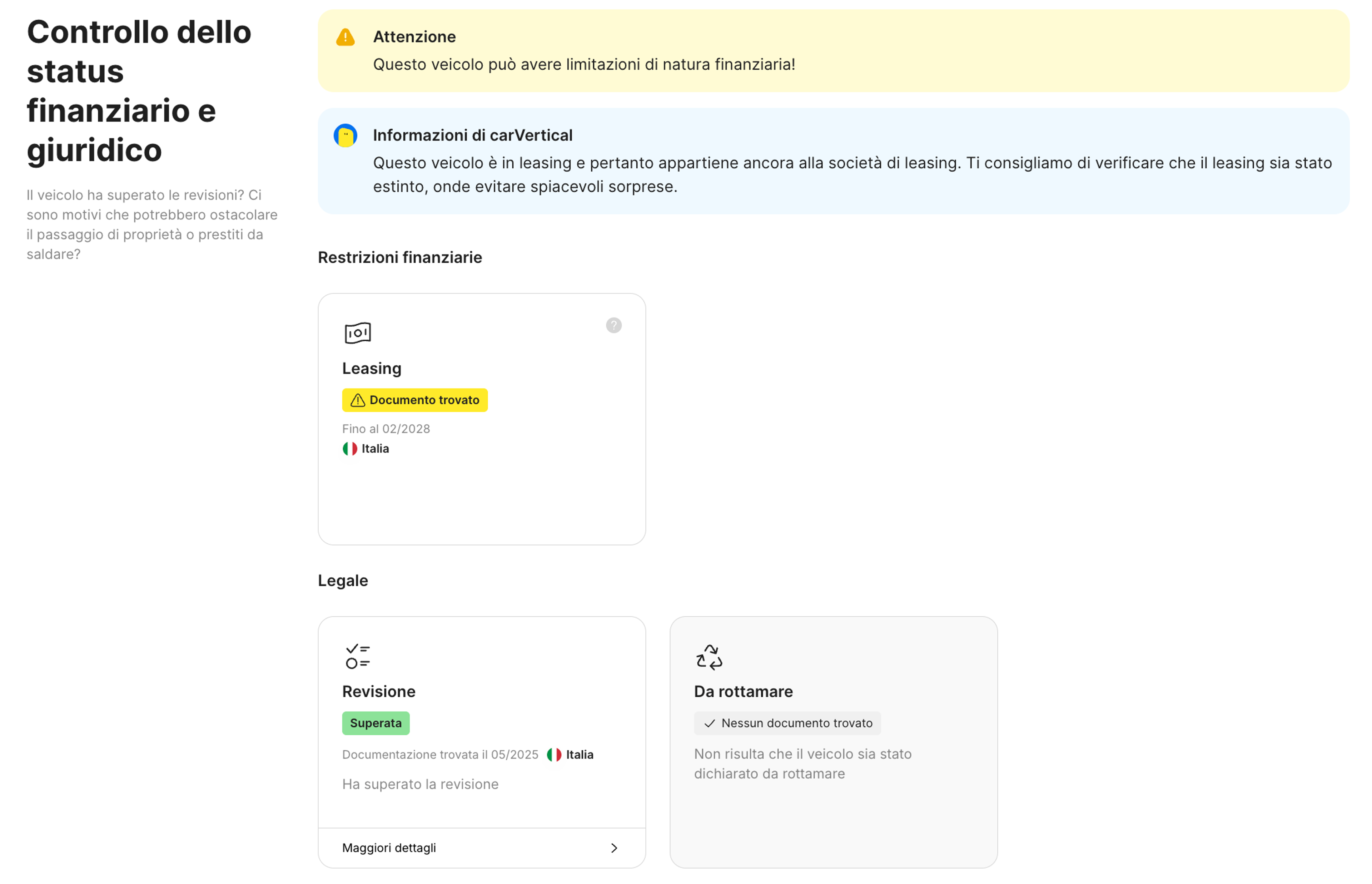 Restrizioni finanziarie e giuridiche in un report carVertical