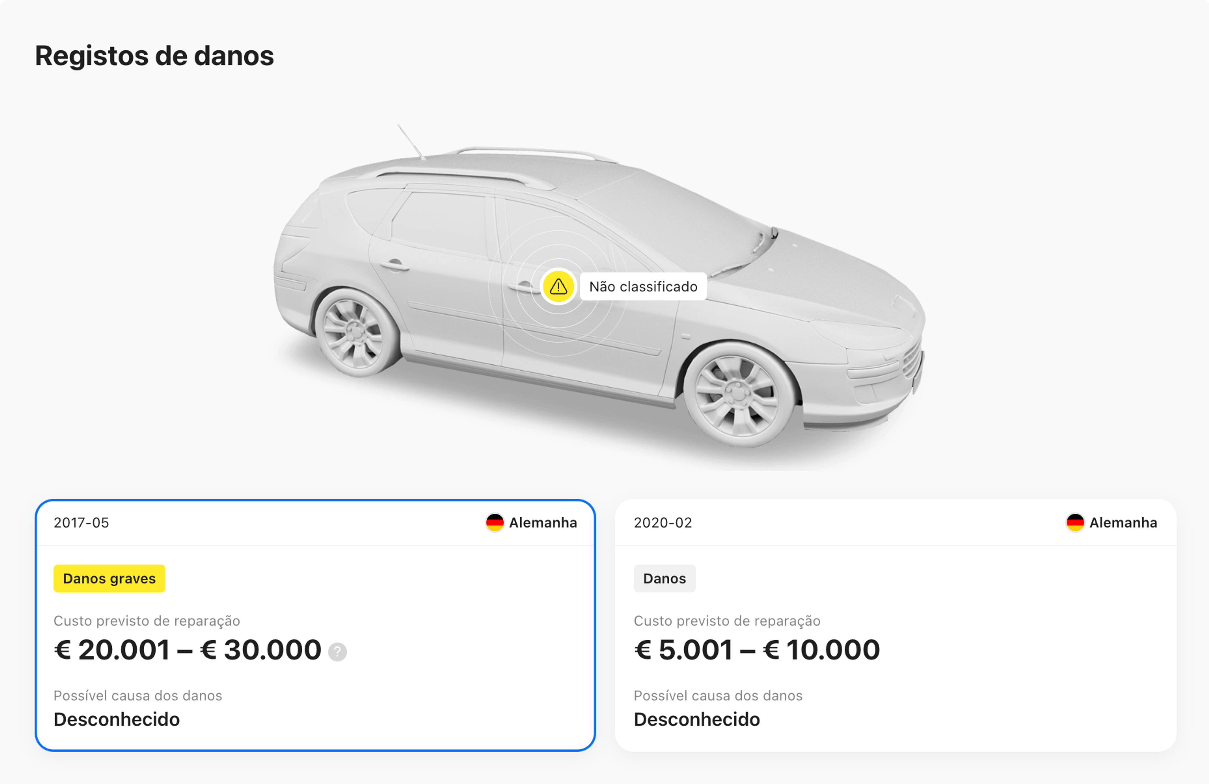 Exemplo de registo de danos no relatório carVertical