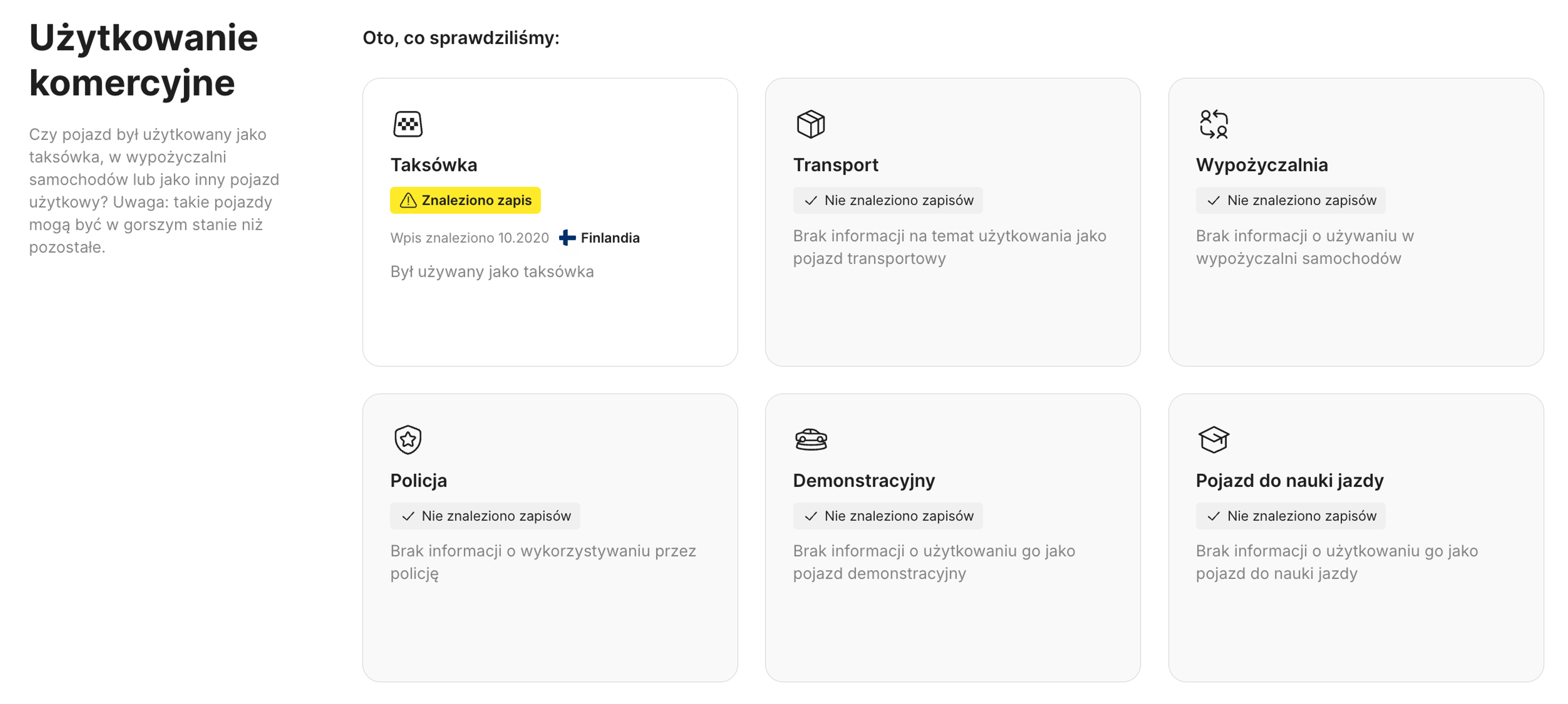 Widok sekcji Przeznaczenie (użycie) w raporcie carVertical