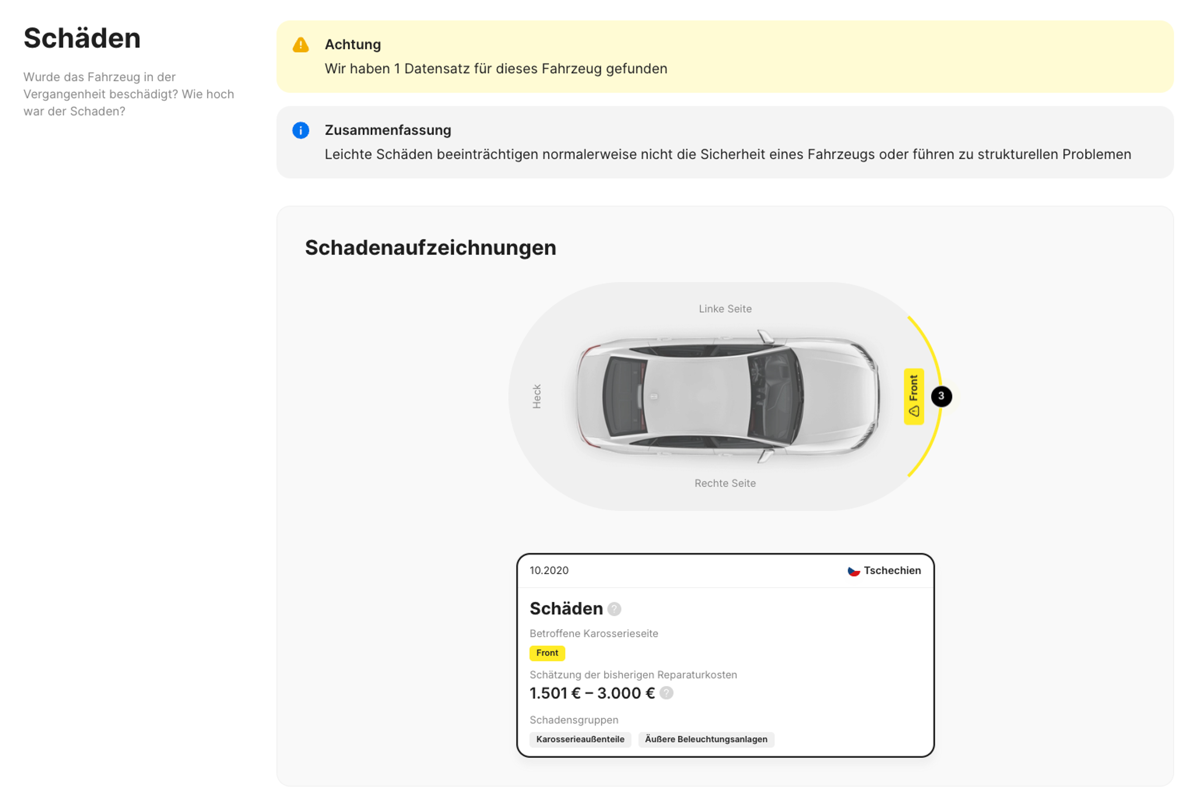 Schadensaufzeichnungen im carVertical-Bericht