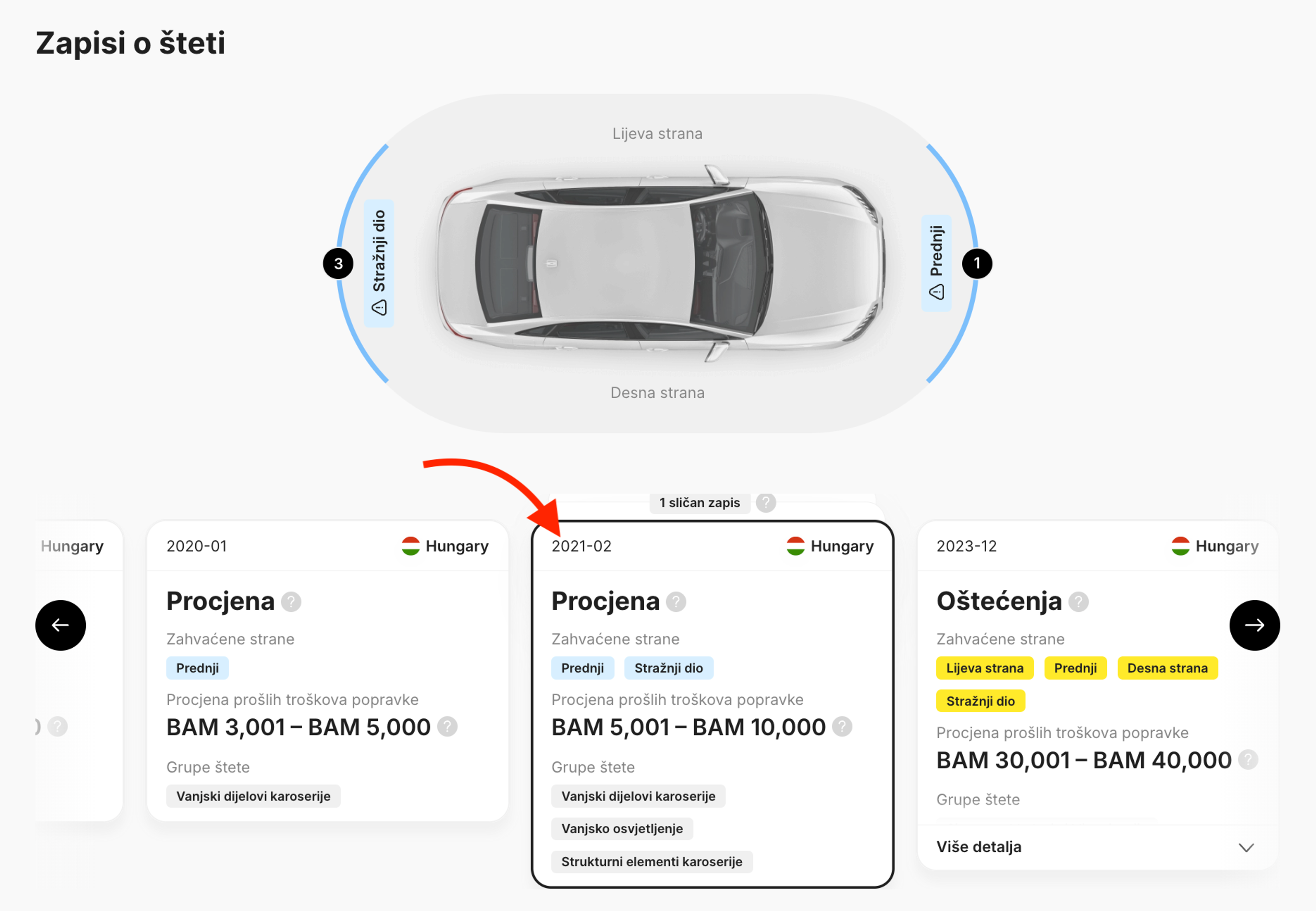 Kartice Šteta i Procjena u carVertical izvještaju