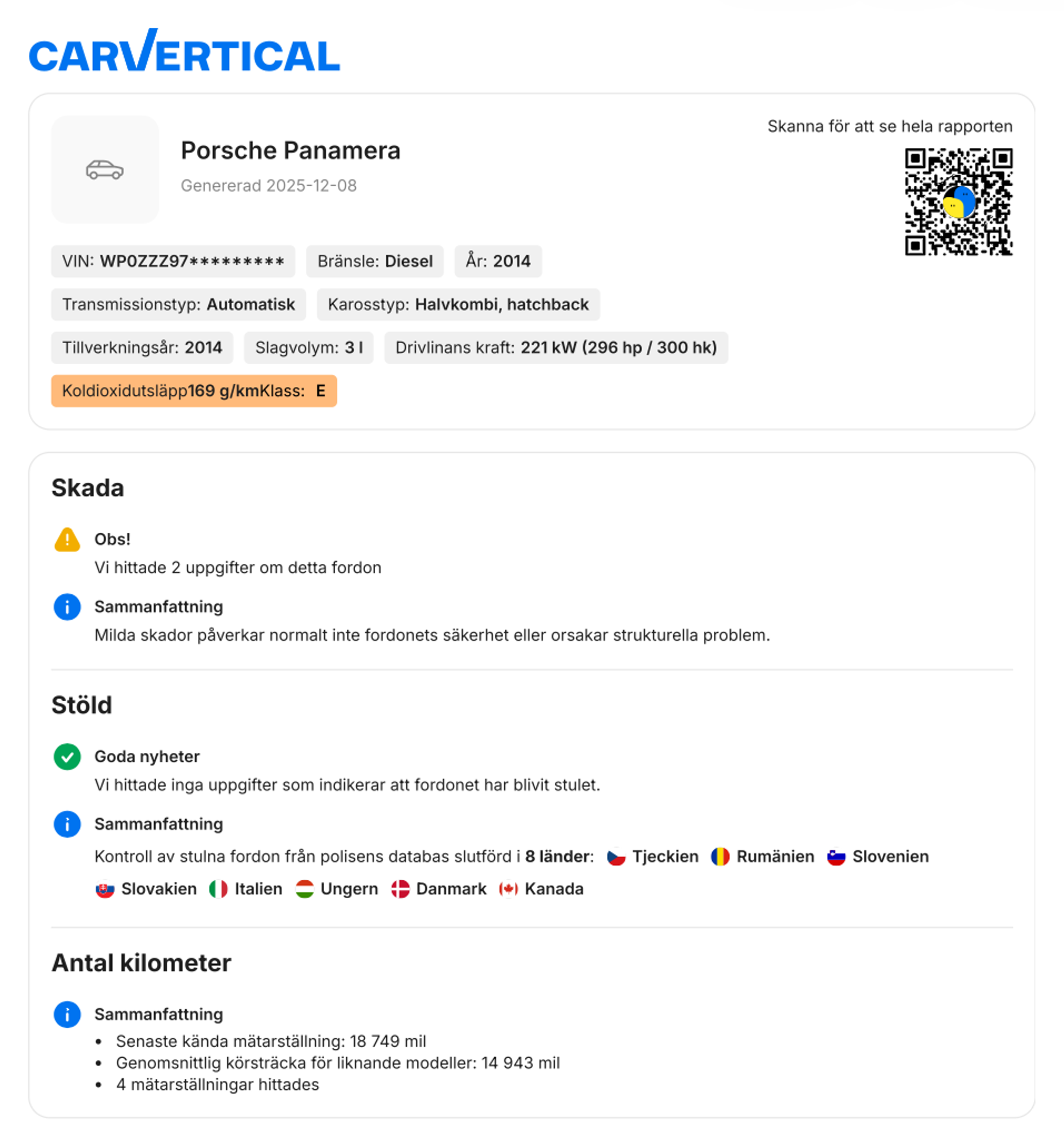 Biluppgifter som finns med på den ensidiga pdf-filen