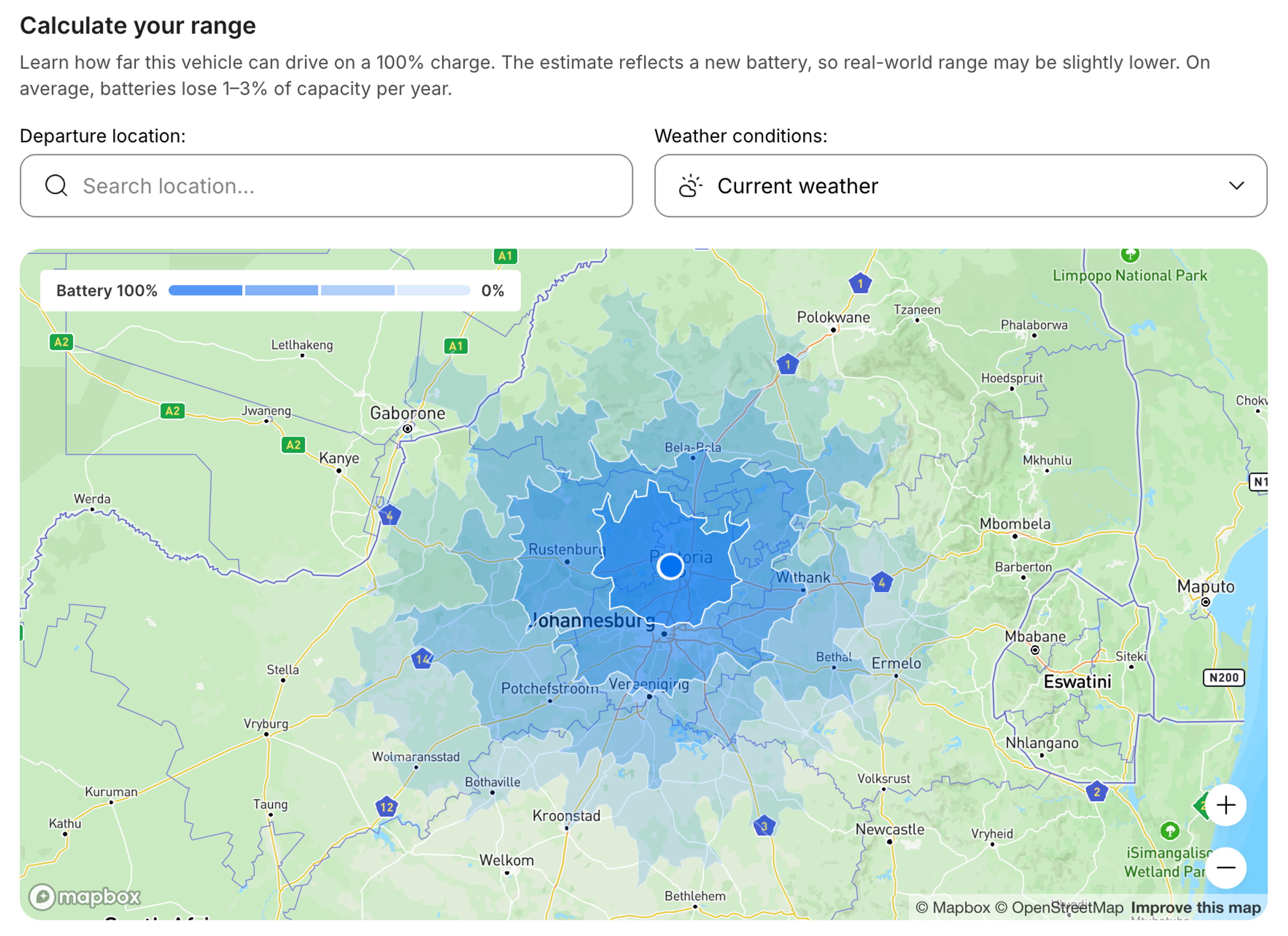 Interactive EV range map showing estimated driving distance