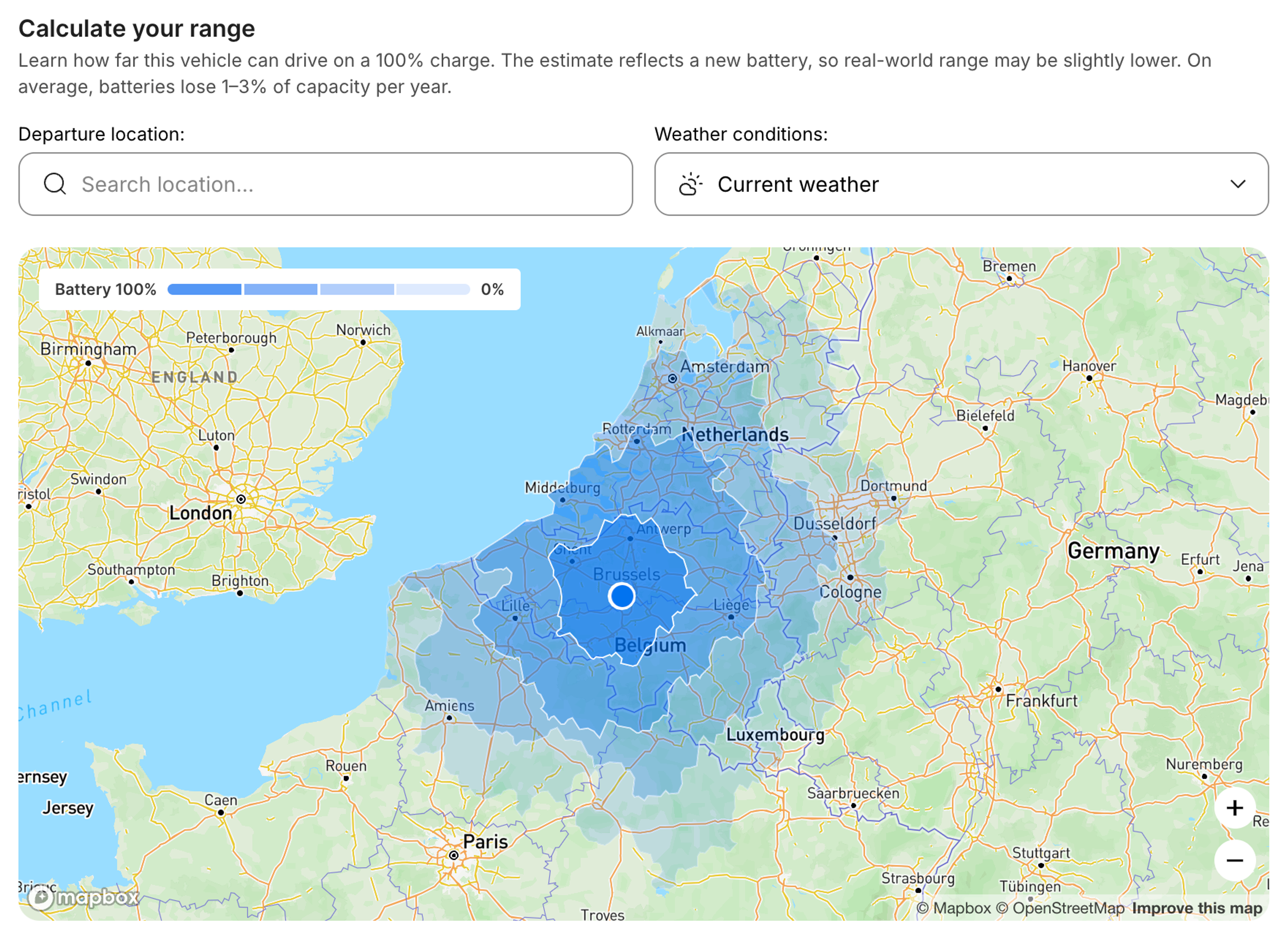 Interactive EV range map showing estimated driving distance