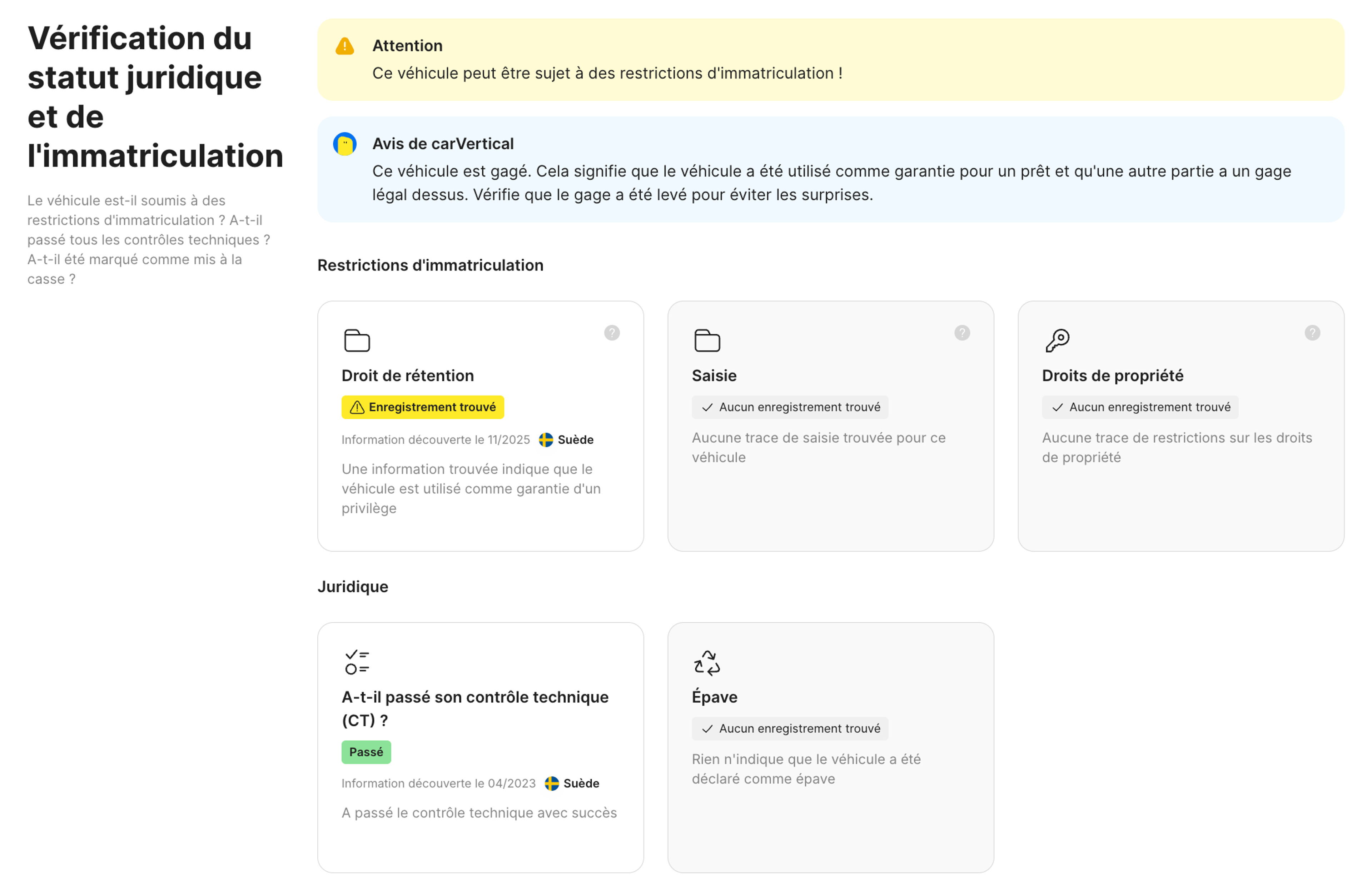 Fonction d’enregistrement et de statut juridique dans le rapport carVertical