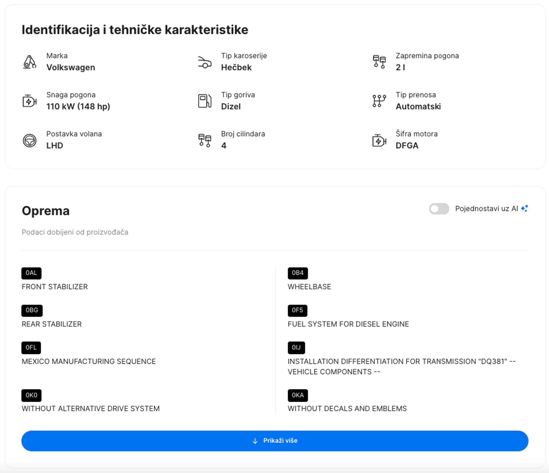 Specifikacije i oprema u carVertical izveštaju