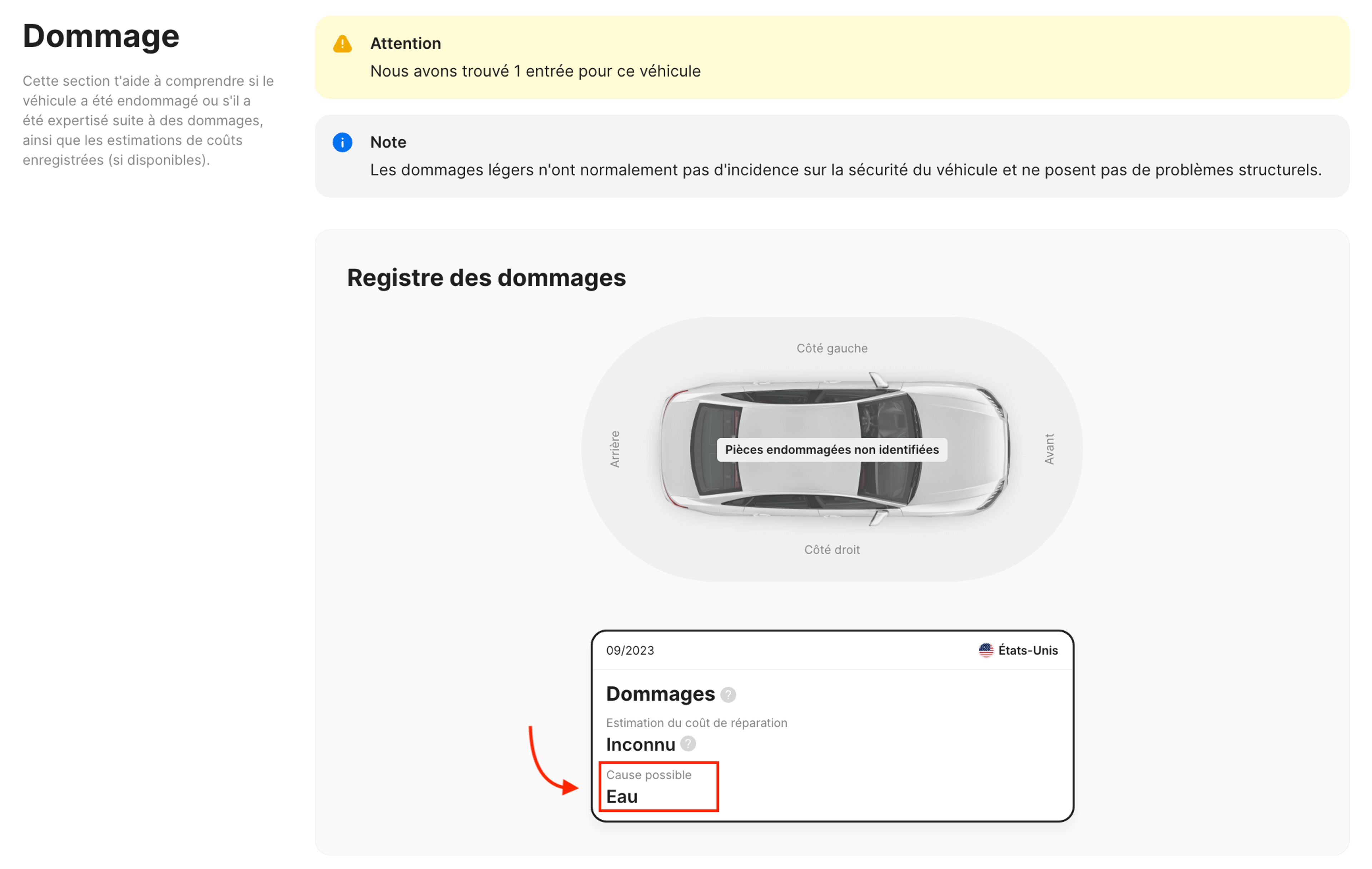 Section Dommages du rapport carVertical affichant une inondation.