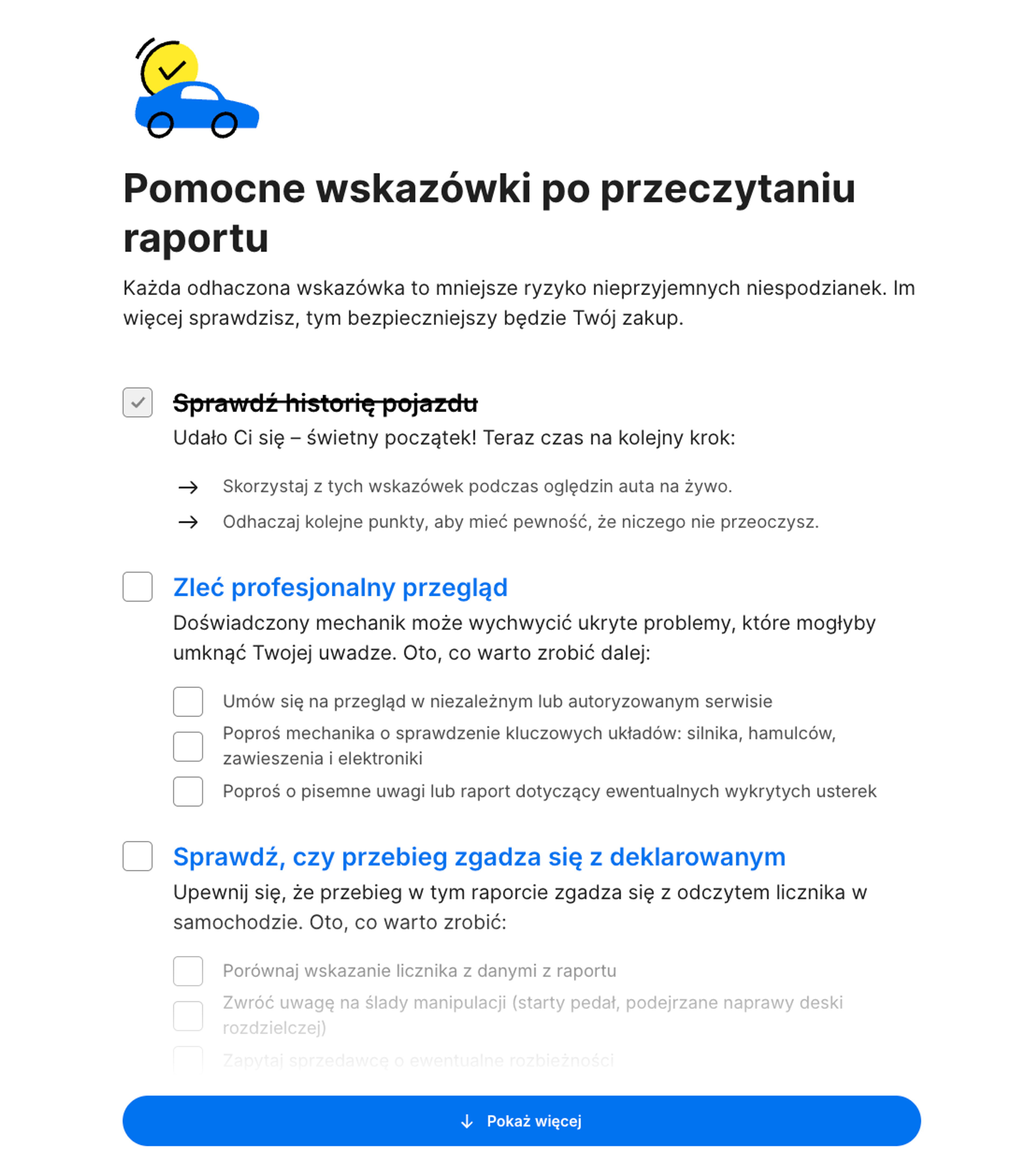Lista kontrolna „Co dalej?” w raporcie carVertical