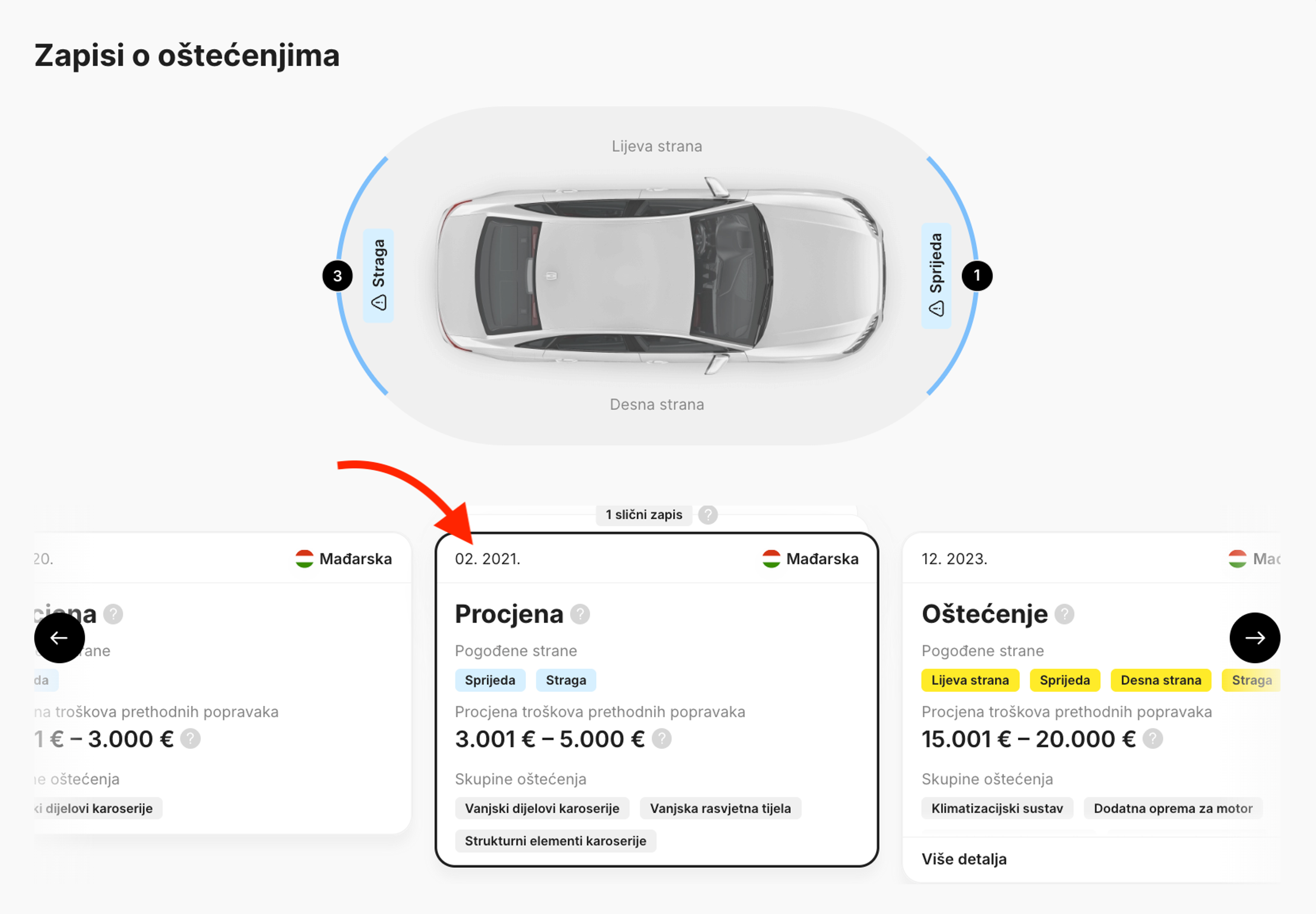 Kartice Oštećenja i Procjena u izvješću carVertical