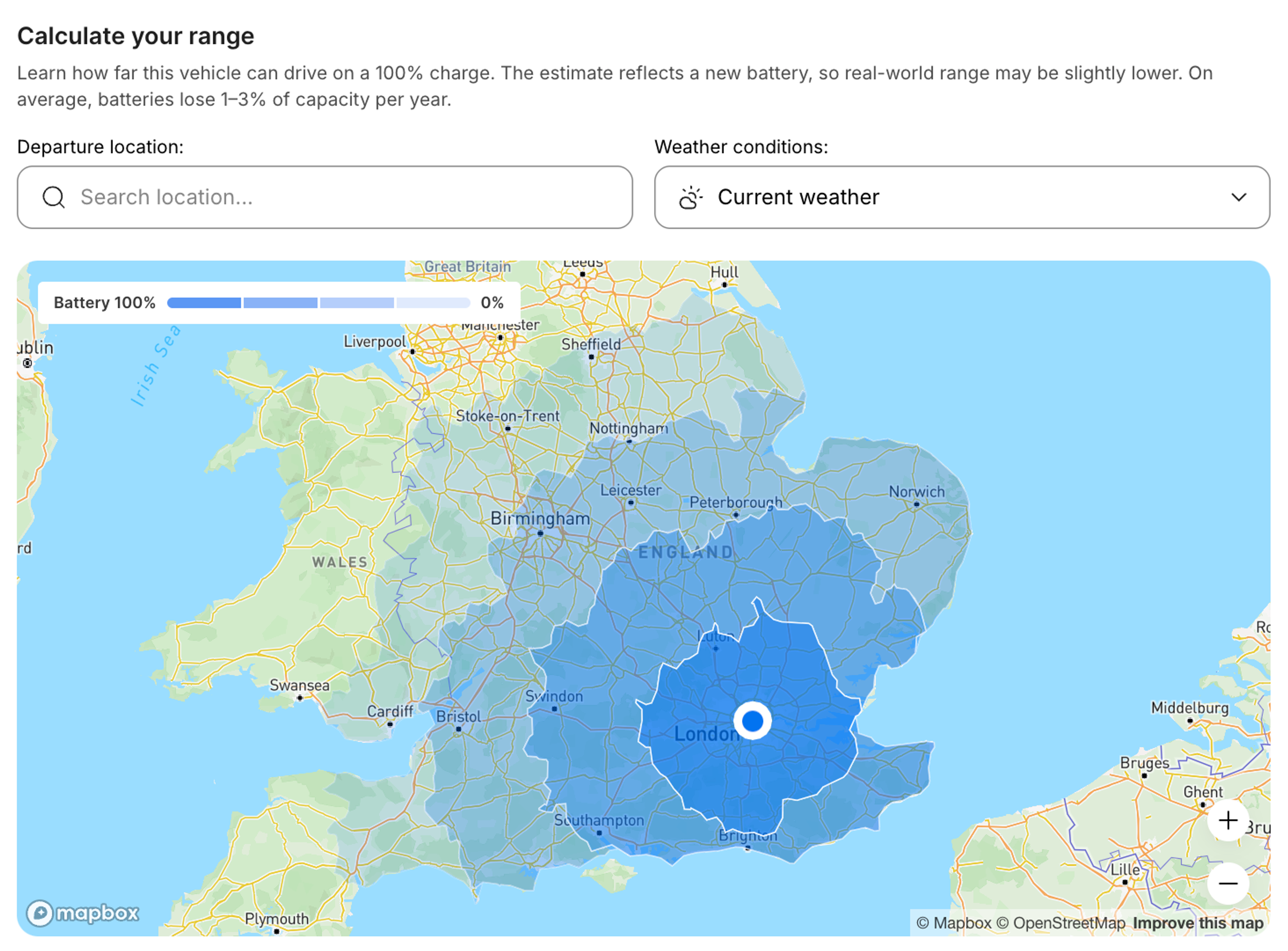 Interactive EV range map showing estimated driving distance