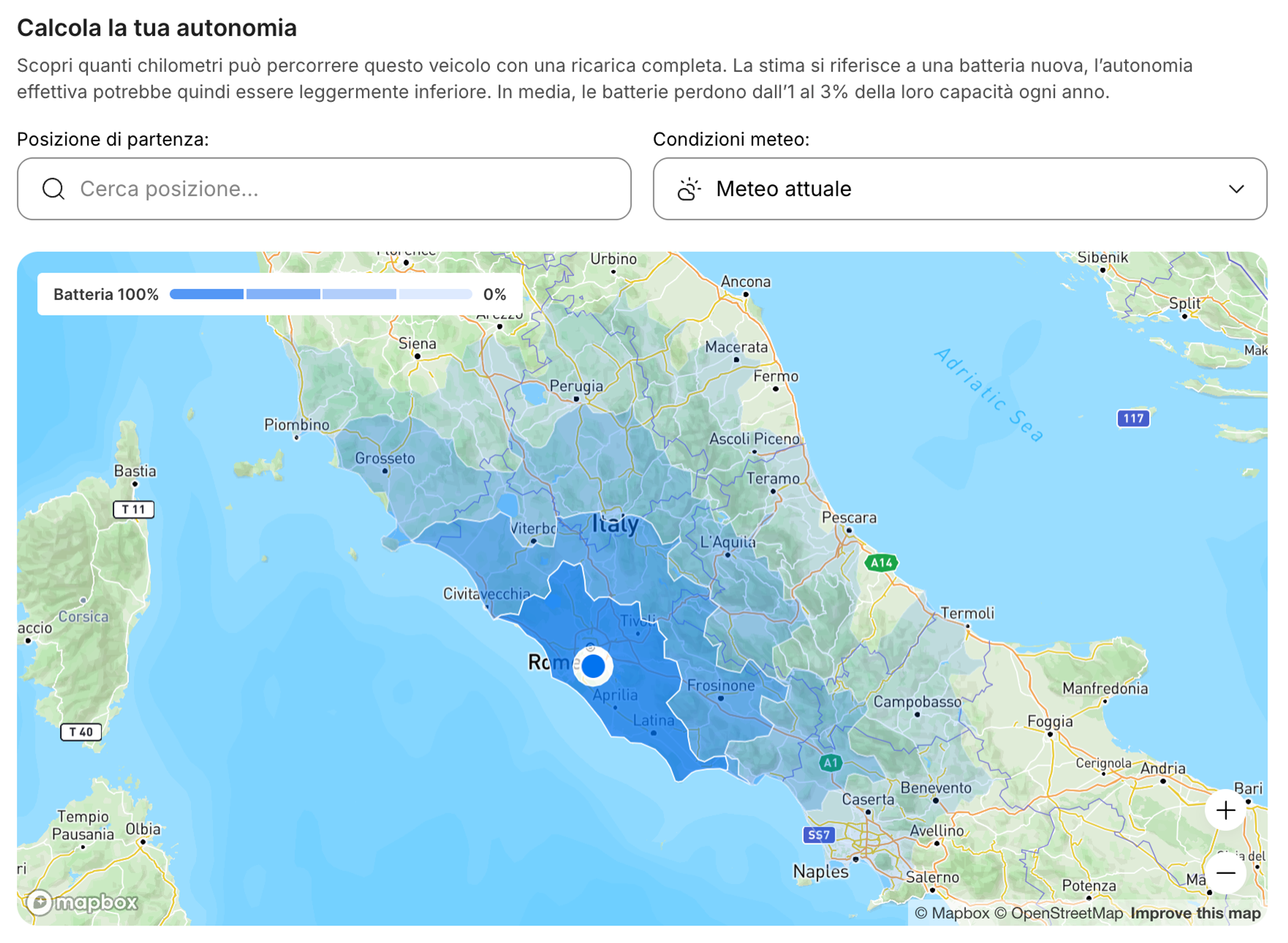 Mappa interattiva dell’autonomia che mostra fin dove puoi arrivare in base alle stime.