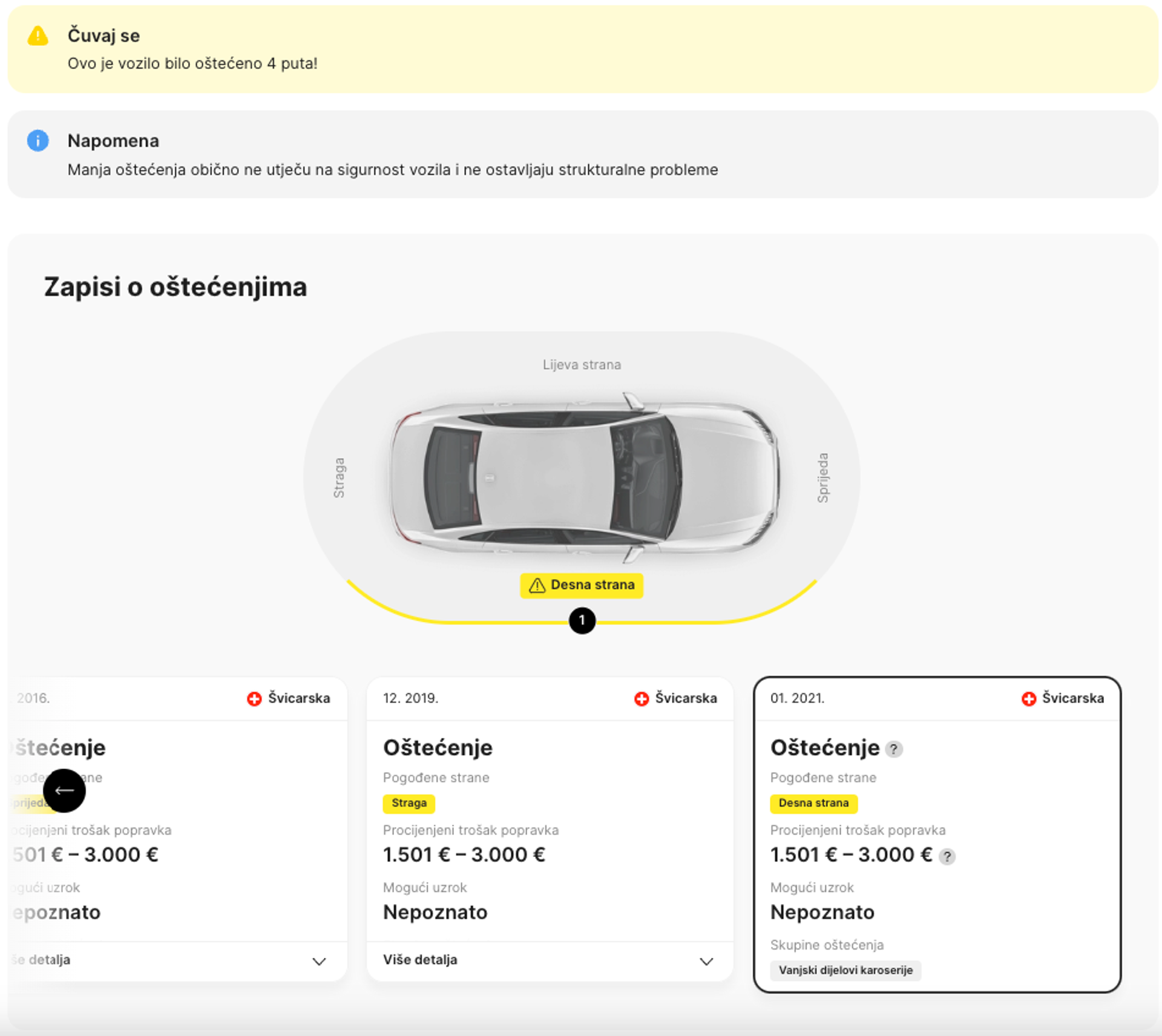 Evidencija oštećenjima u izvješću carVertical
