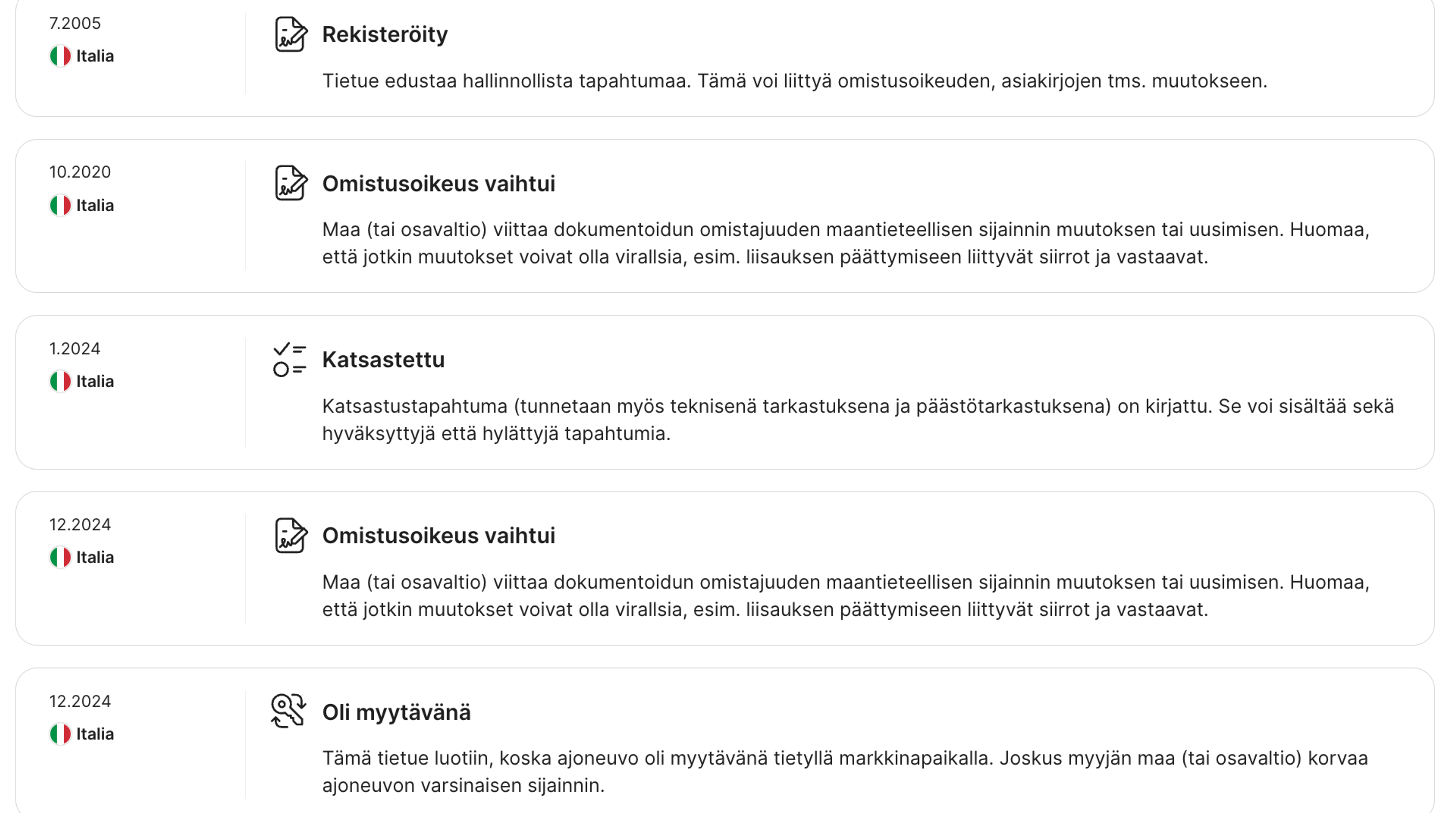 carVertical-raportin Aikajana-osiossa havaitut usein toistuvat omistajanvaihdokset