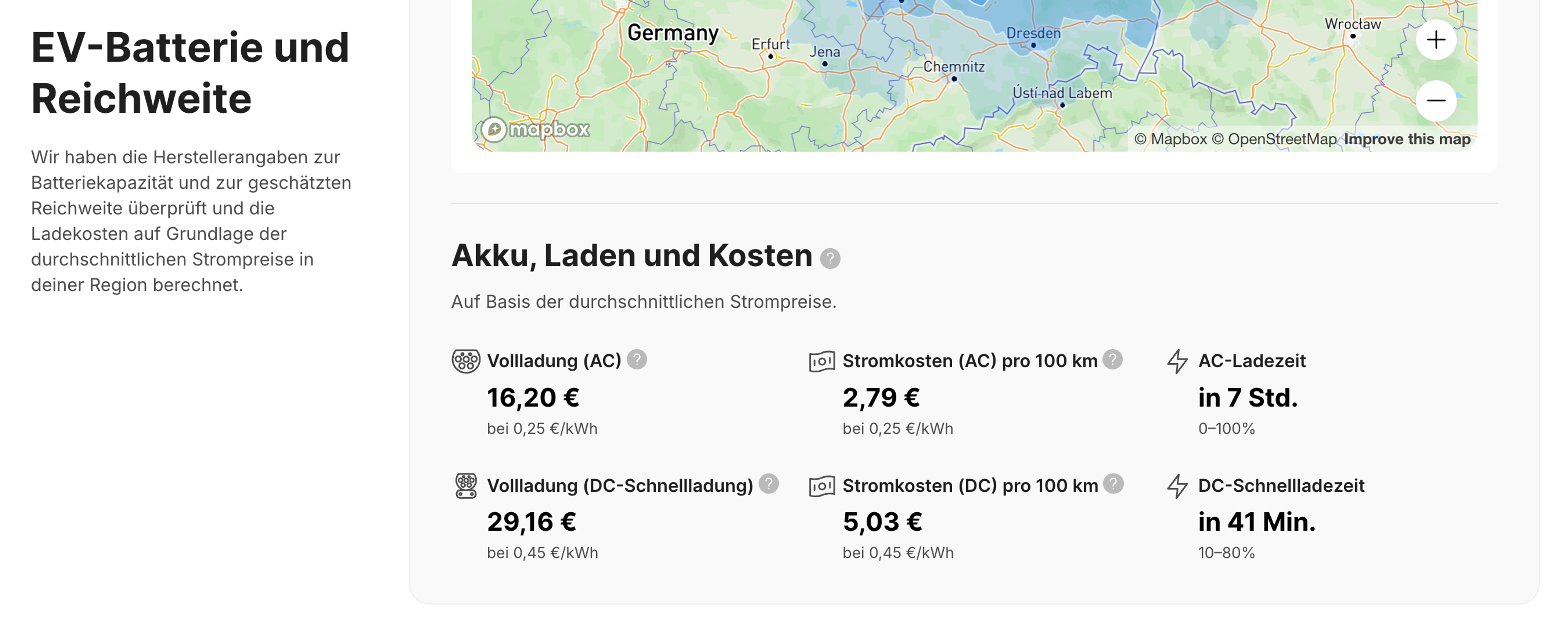 Schätzungen zu Ladezeit und Kosten für Elektroautos im Fahrzeugbericht