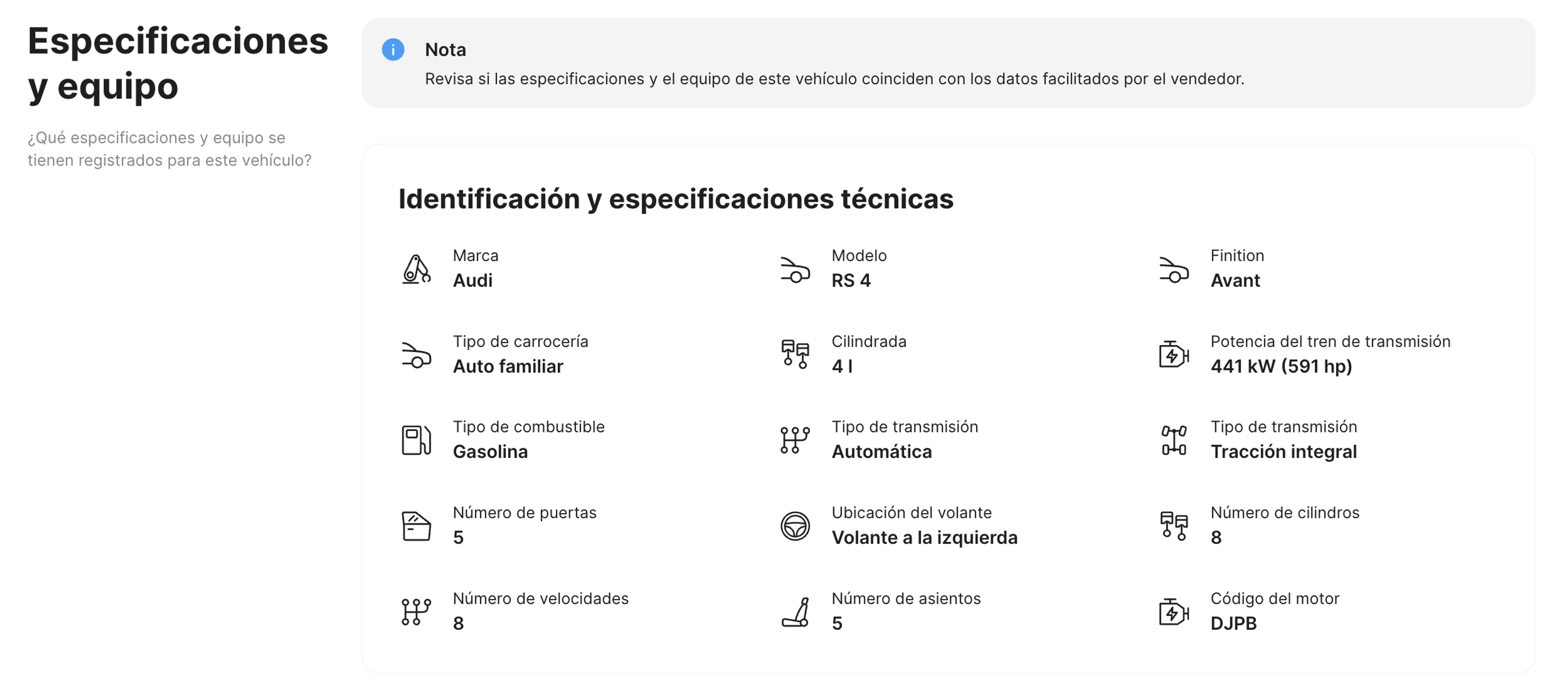 Sección de especificaciones y equipamiento en el informe carVertical