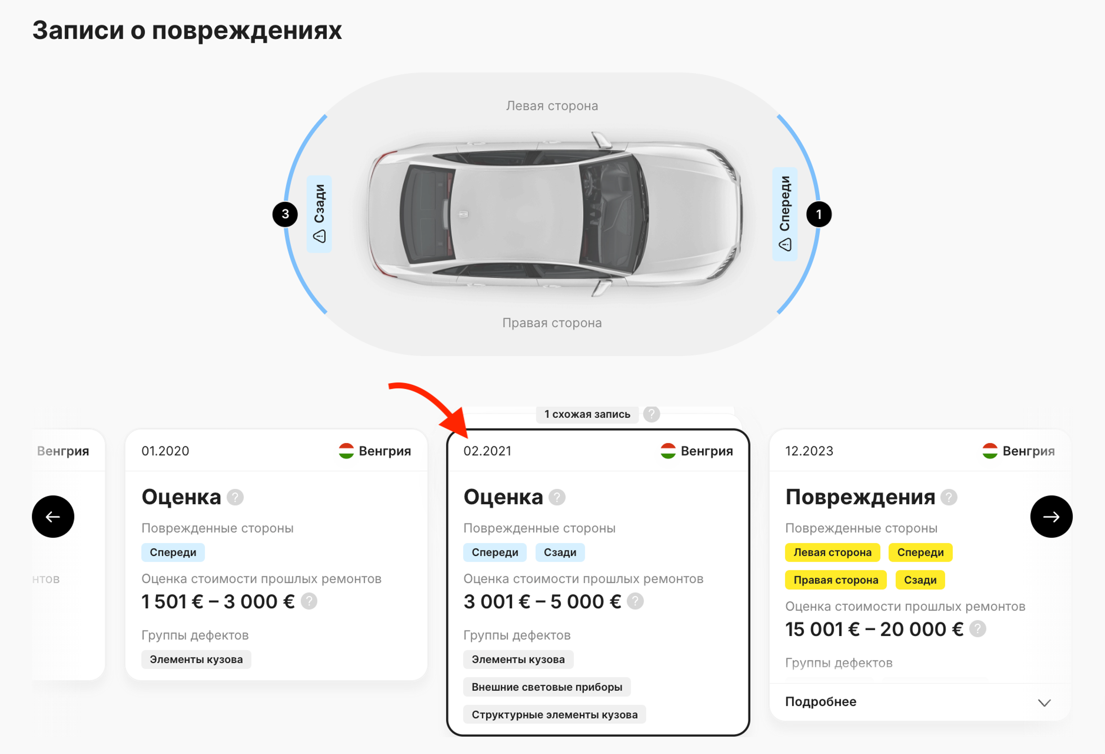 Карточки «Повреждения» и «Оценка» в отчете carVertical