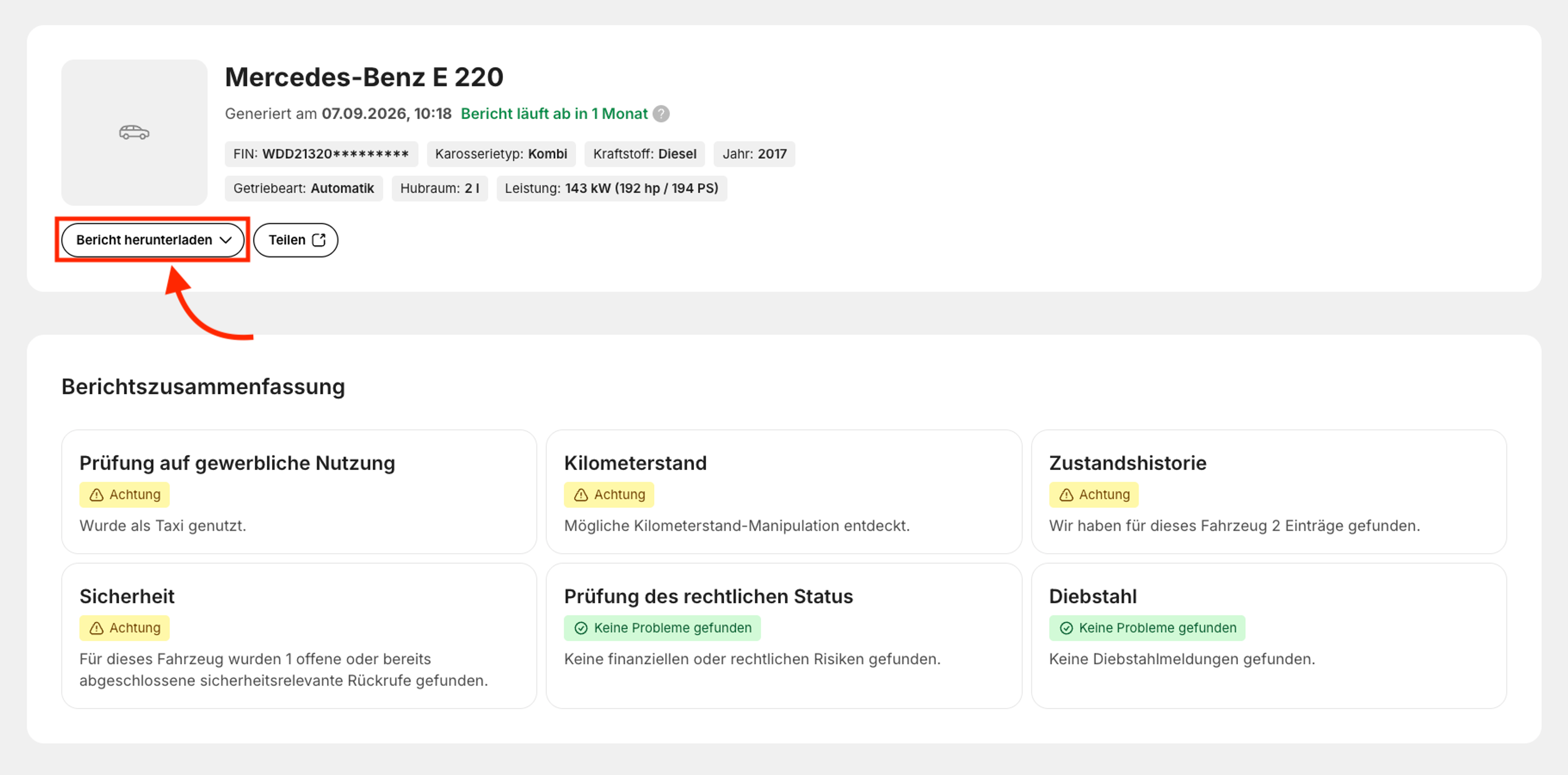 Auszug aus einem Bericht zur Fahrzeughistorie eines Mercedes Benz