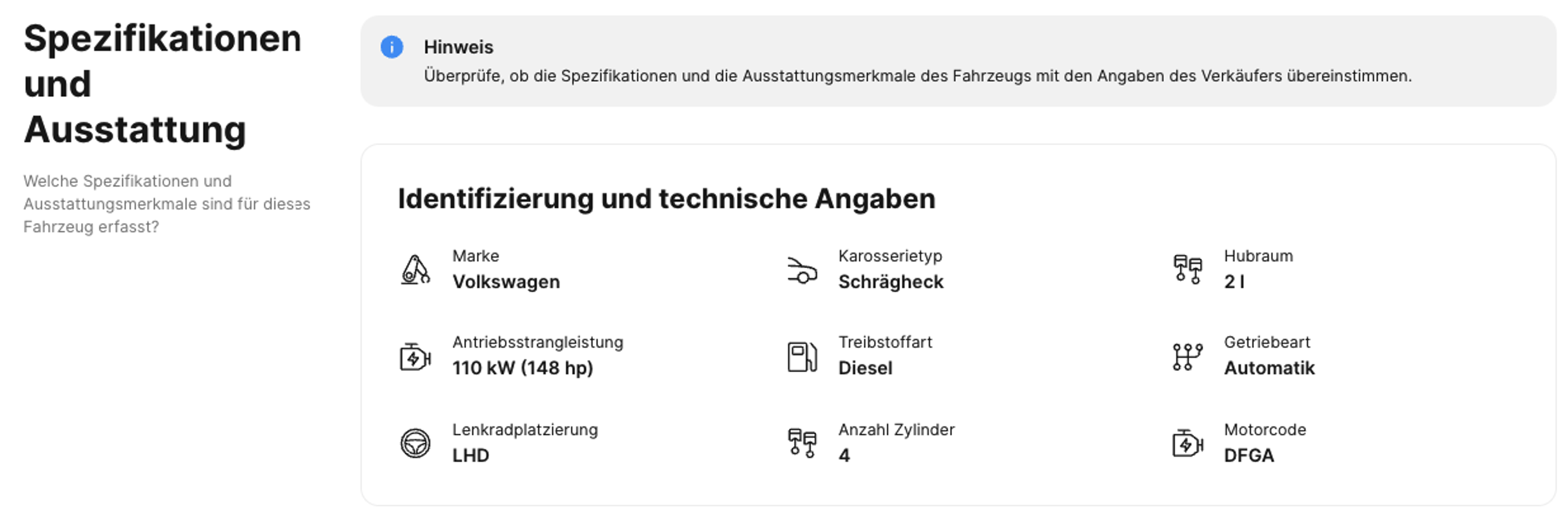Abschnitt „Spezifikationen und Ausstattung“ im carVertical-Bericht zur Fahrzeughistorie