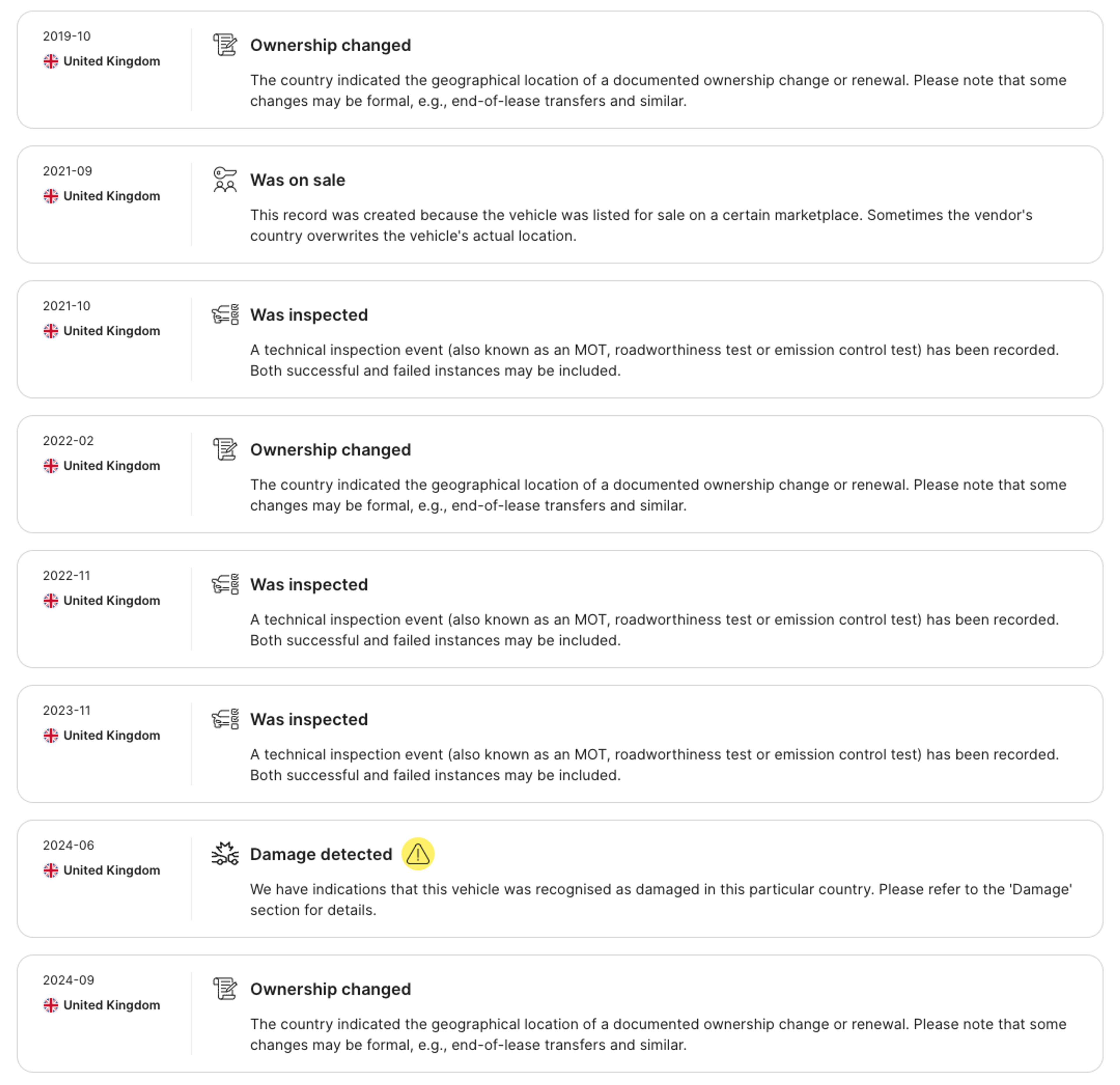 Frequent owner changes discovered in the Timeline section of a carVertical report