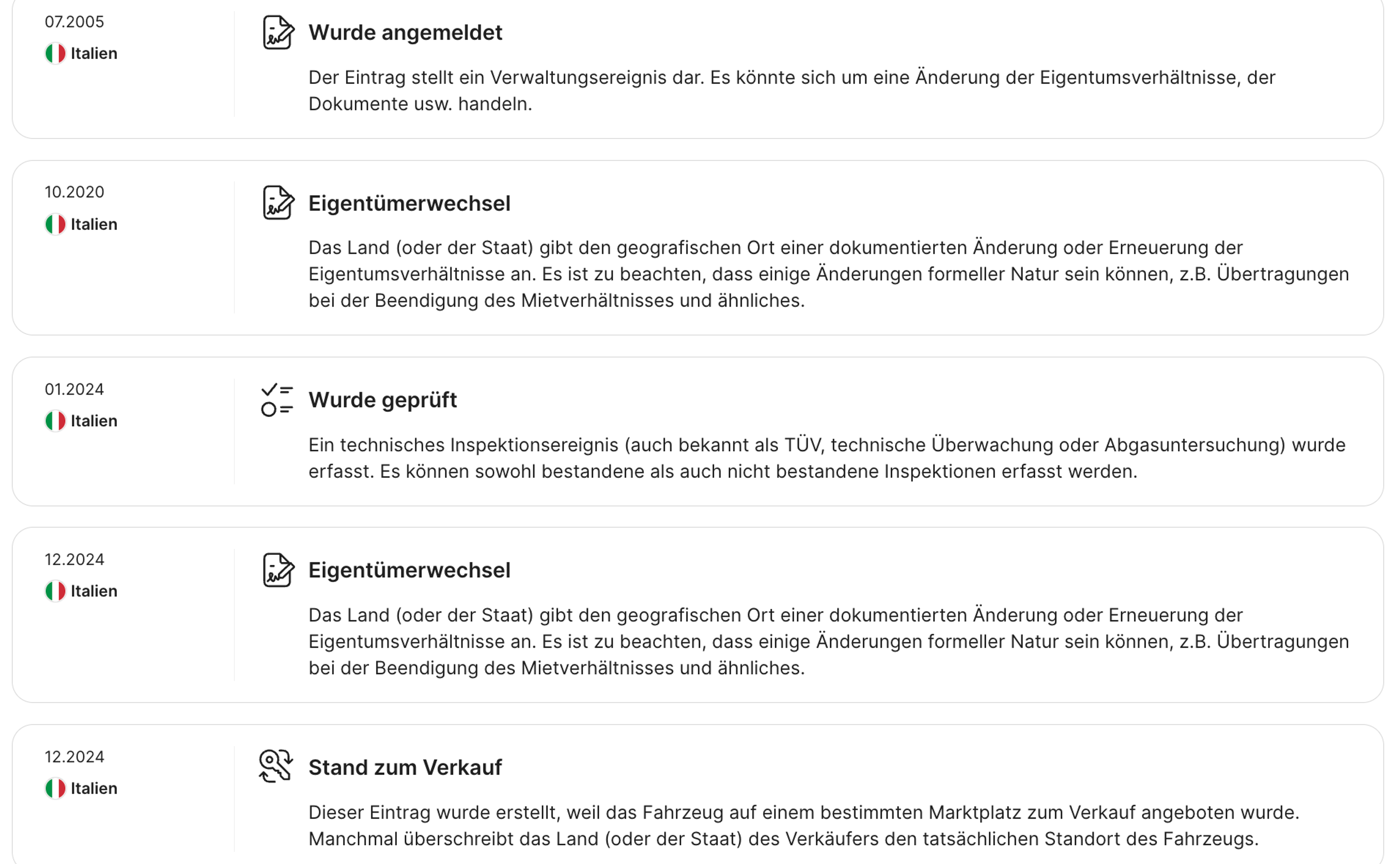 Der Abschnitt „Zeitraum“ in einem carVertical-Bericht zeigt häufige Halterwechsel an