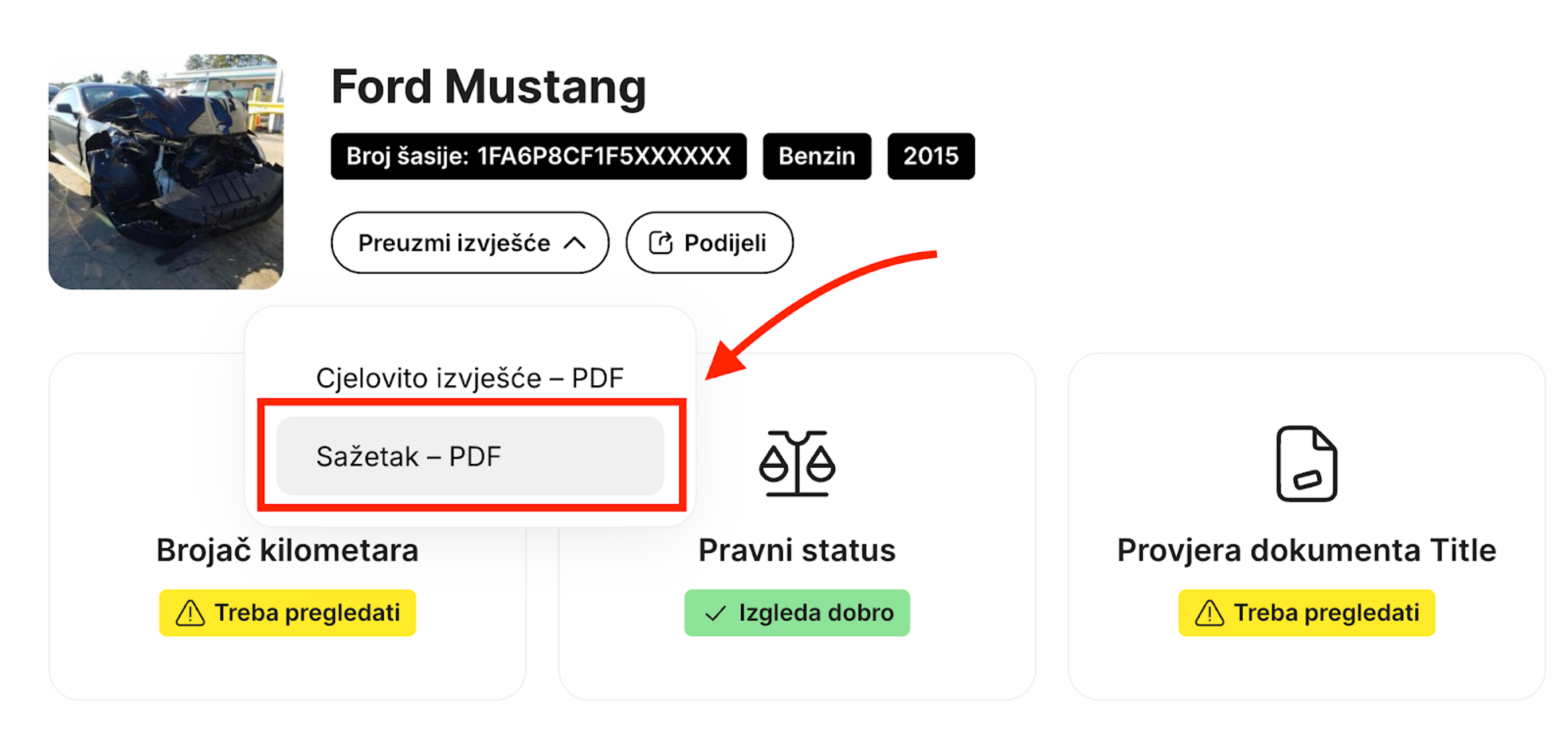 Kako preuzeti sažetak carVertical izvješća u PDF-u
