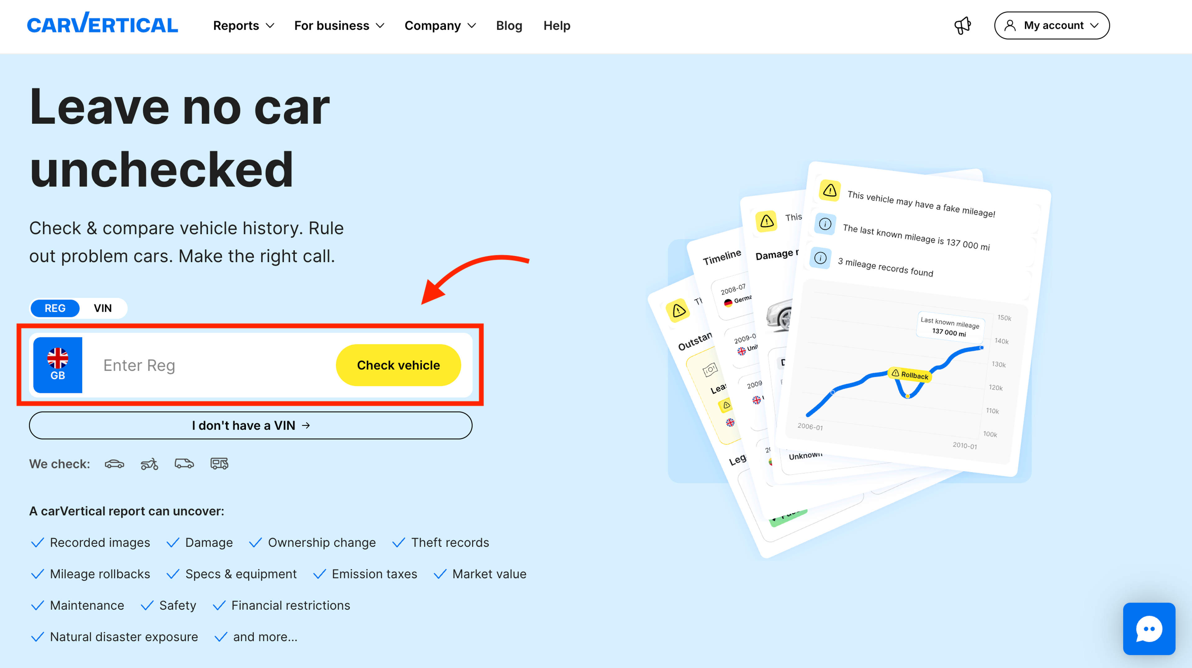 REG/VIN input field on the carVertical website