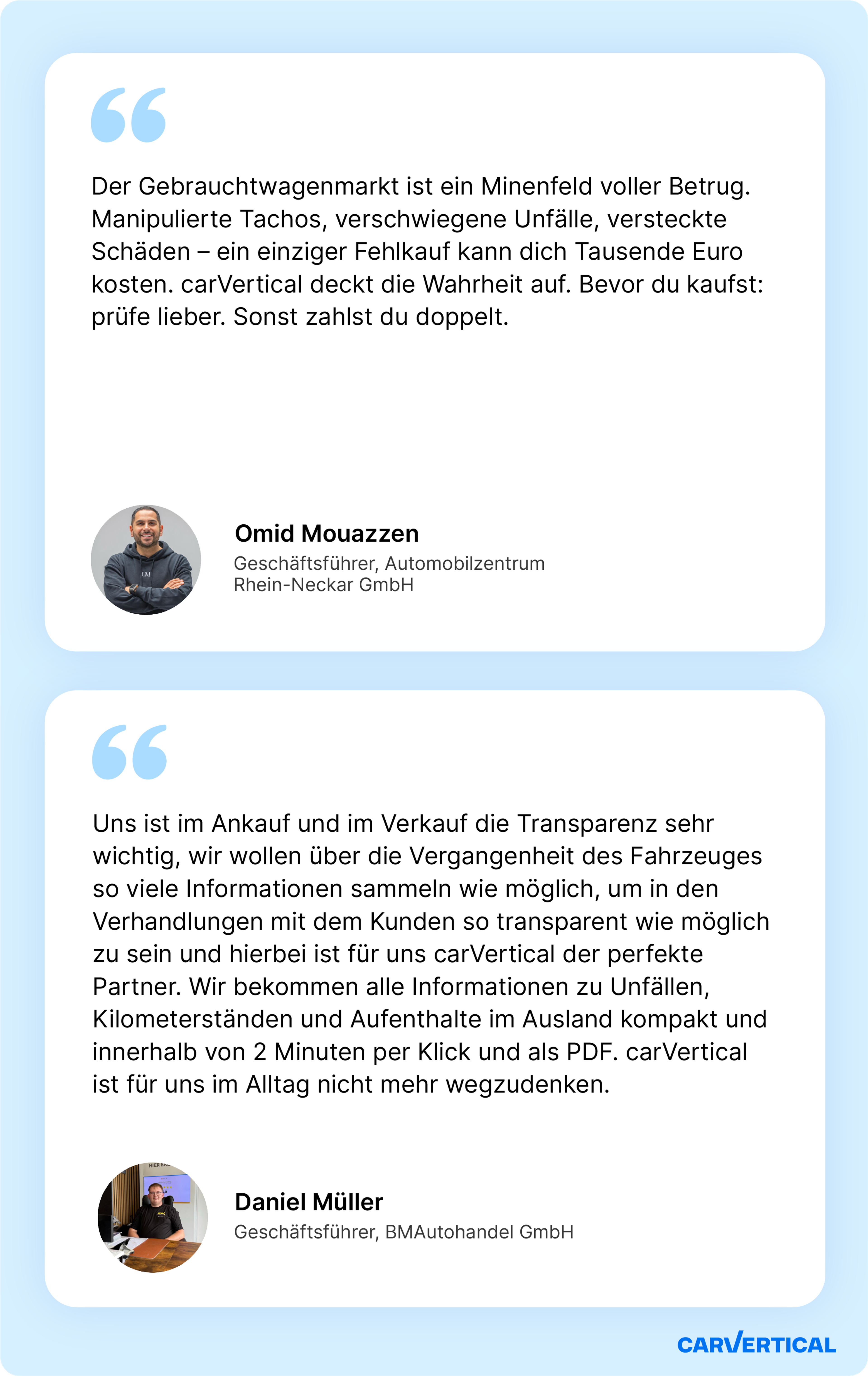 Feedback von Partnern zu carVertical-Berichten.