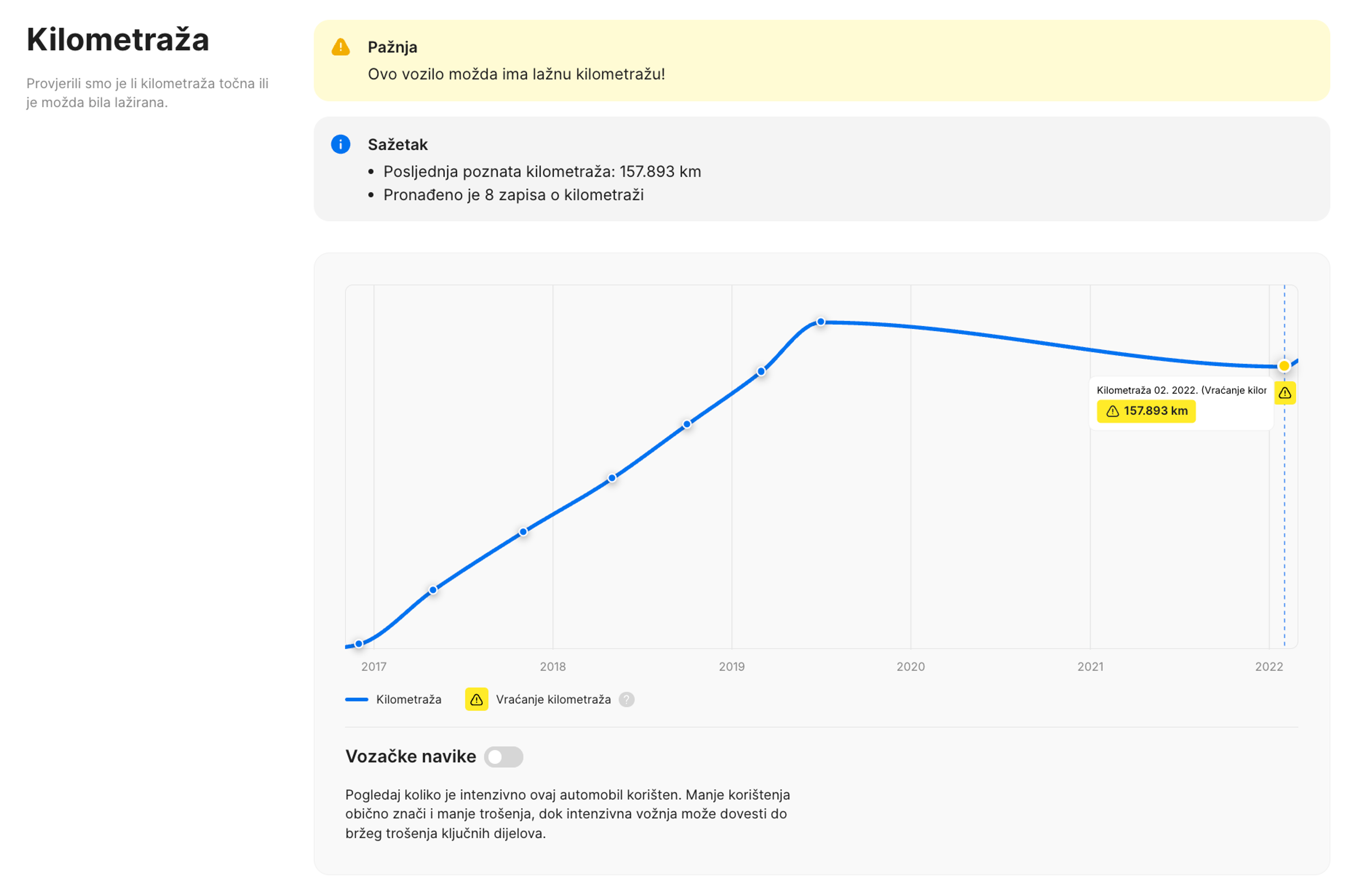 Vraćanje kilometraže u carVertical izvješću