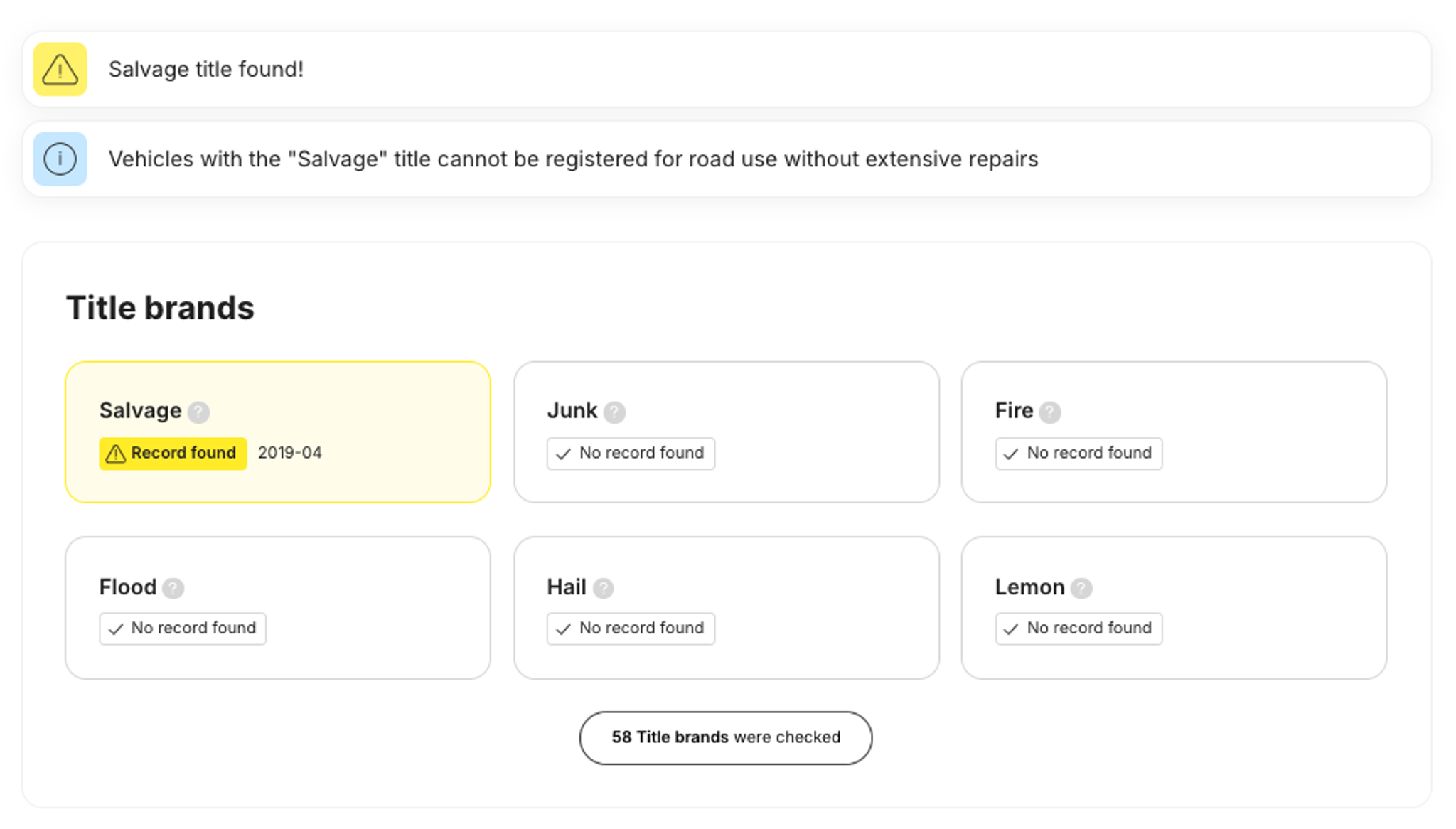 carVertical “title brands” section with a salvage record