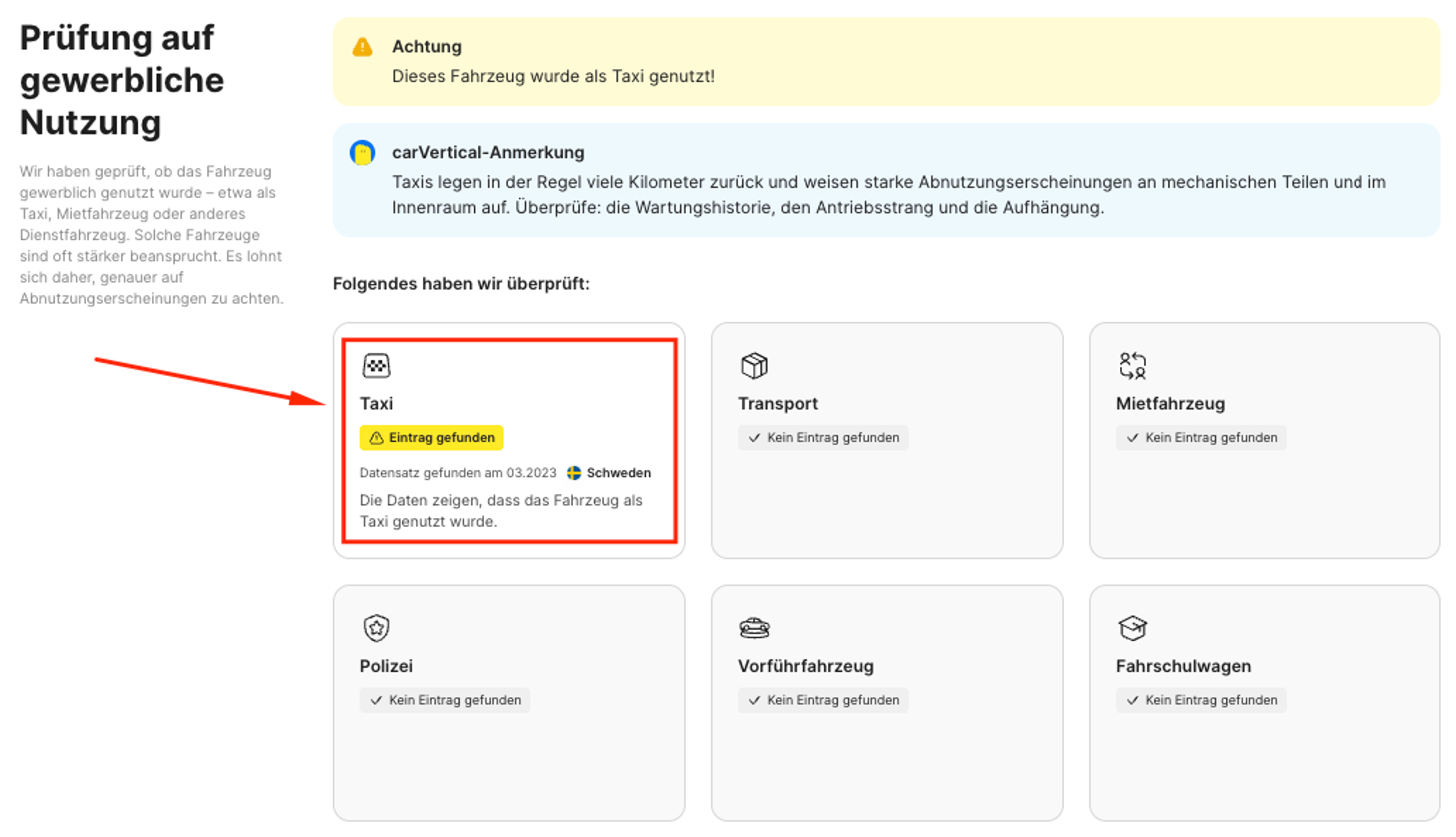 Taxi-Eintrag in einem Fahrzeughistorienbericht