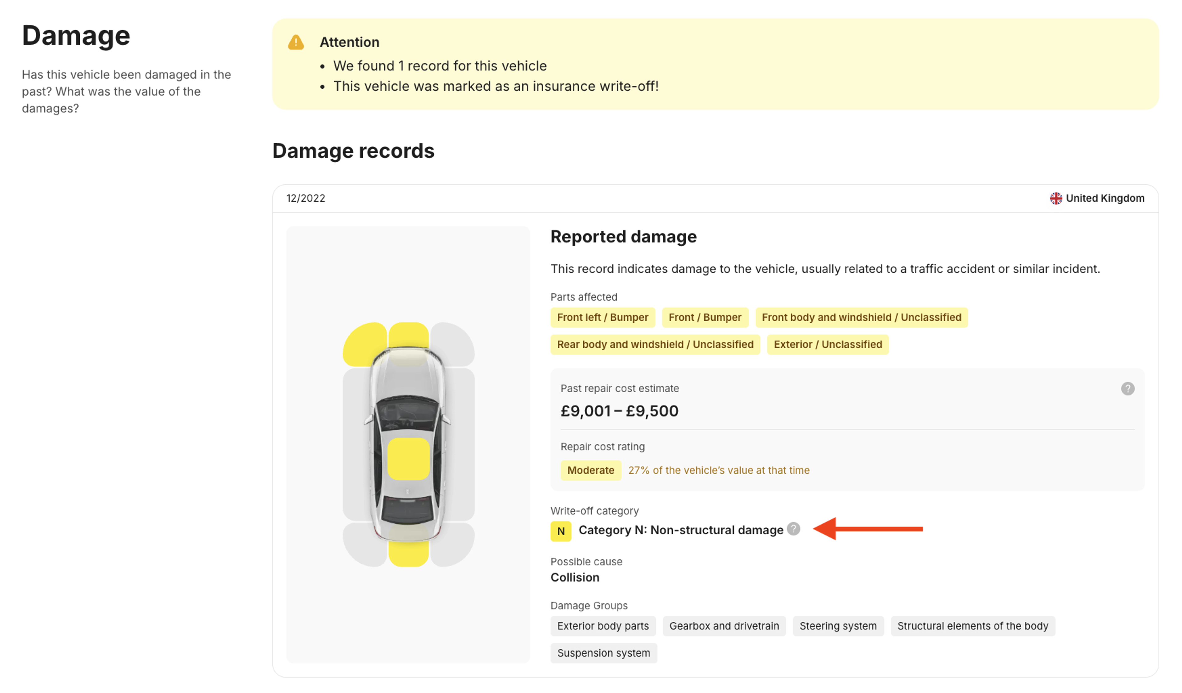 Record in a vehicle’s history showing Category N write off and additional damage information