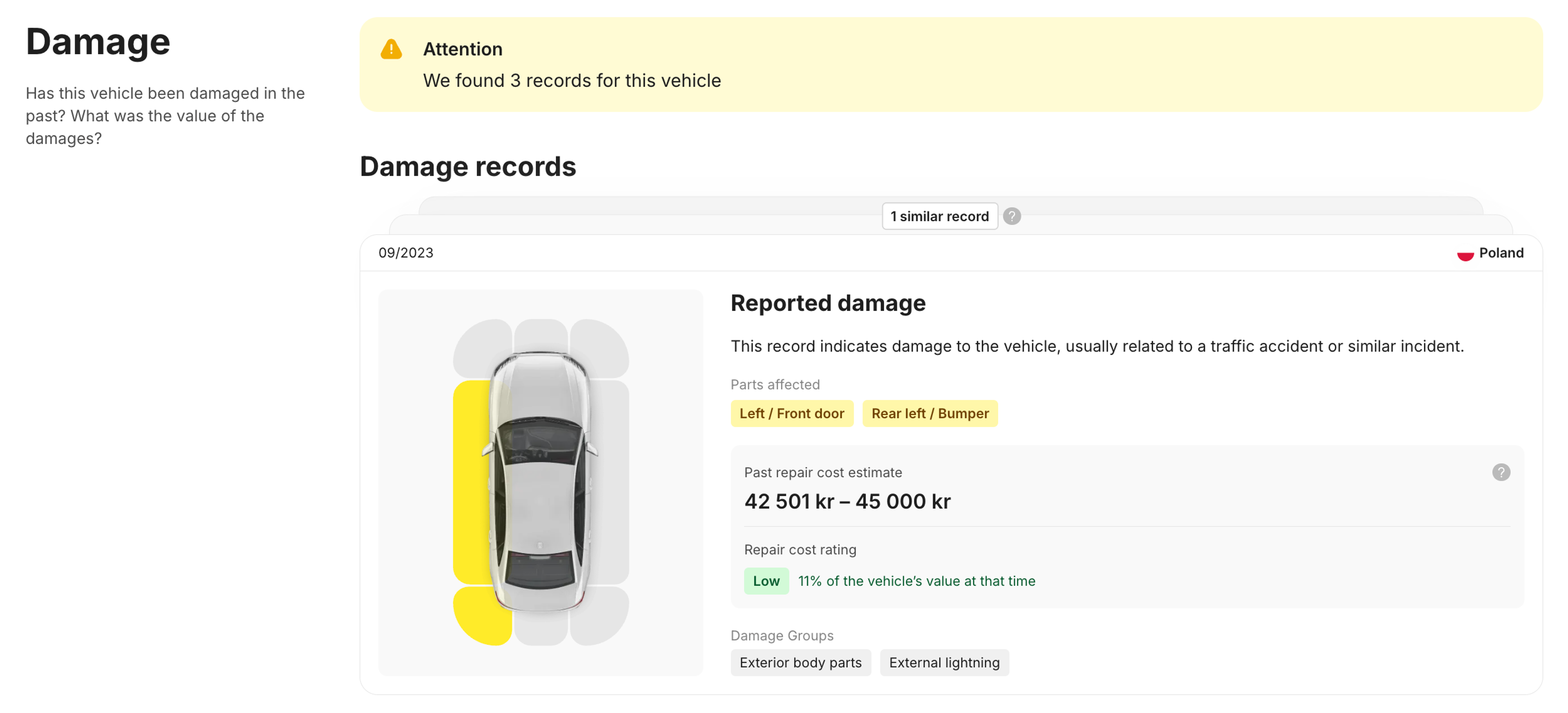 damage section in carVertical report
