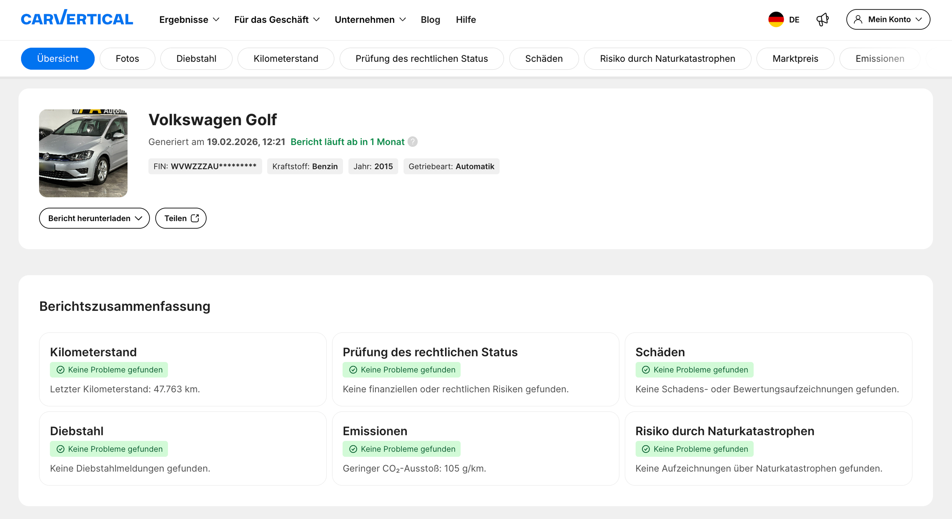 Zusammenfassung eines carVertical-Berichts – VW Golf