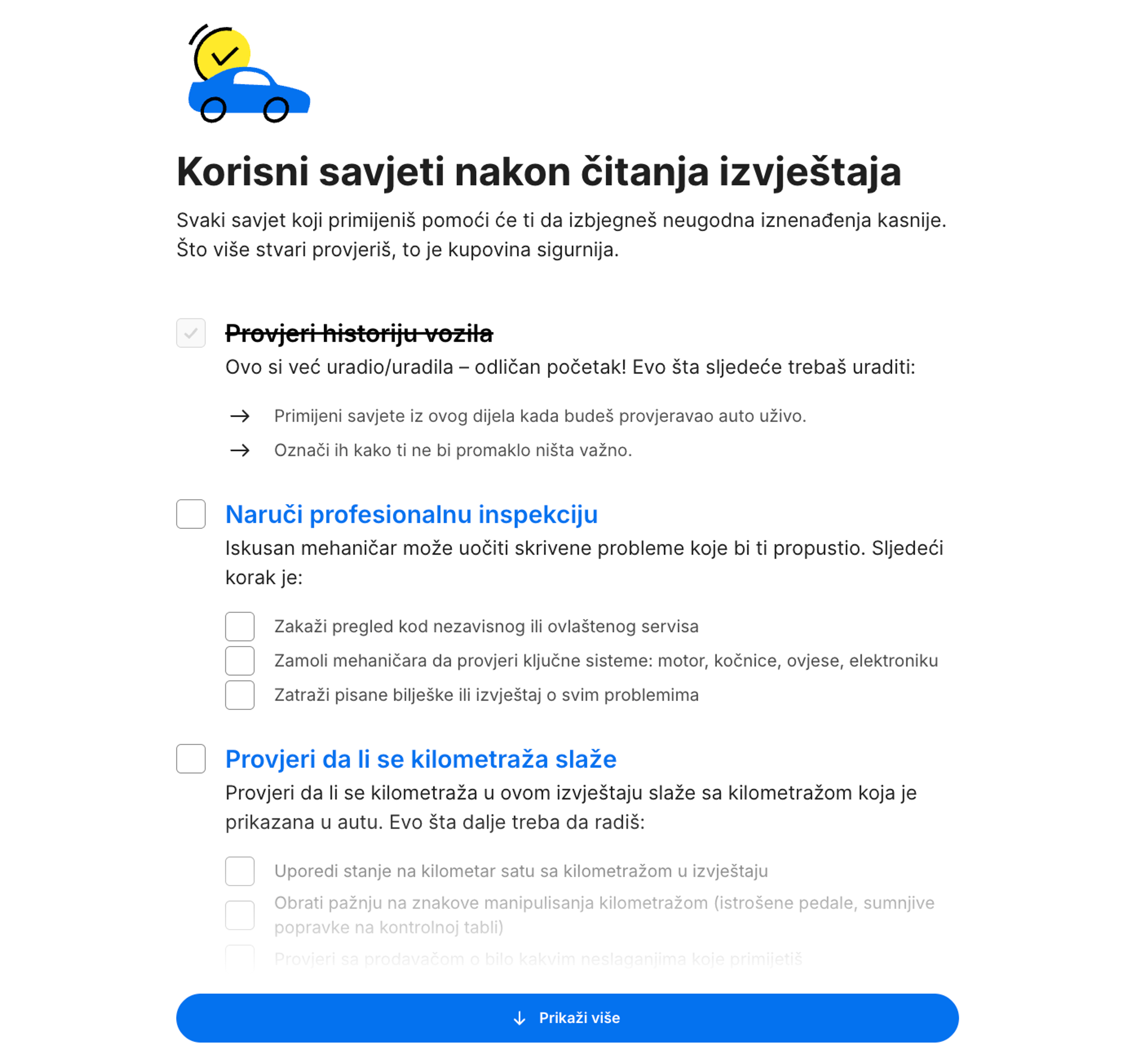 "Šta dalje?" lista provjera u carVertical izvještaju