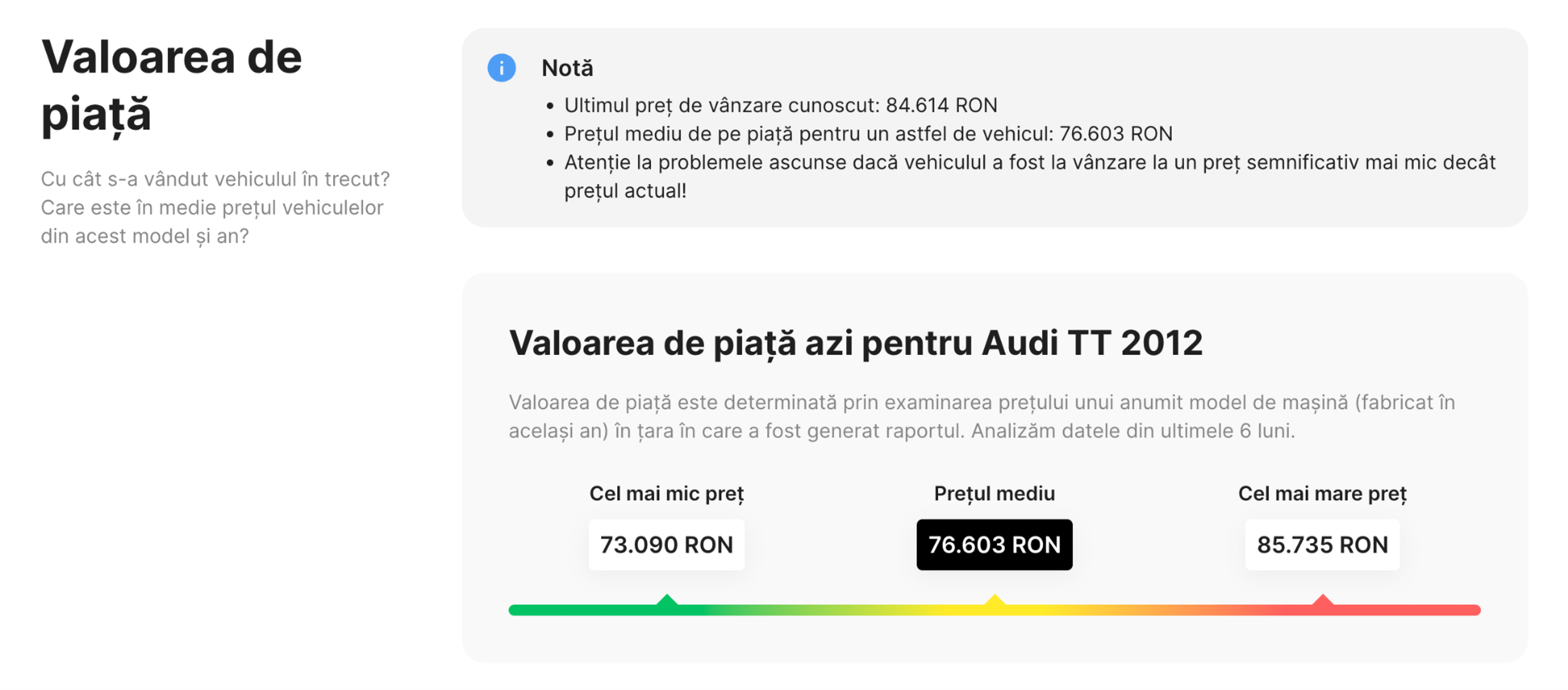 secțiunea cu valoarea de piață din raportul carVertical