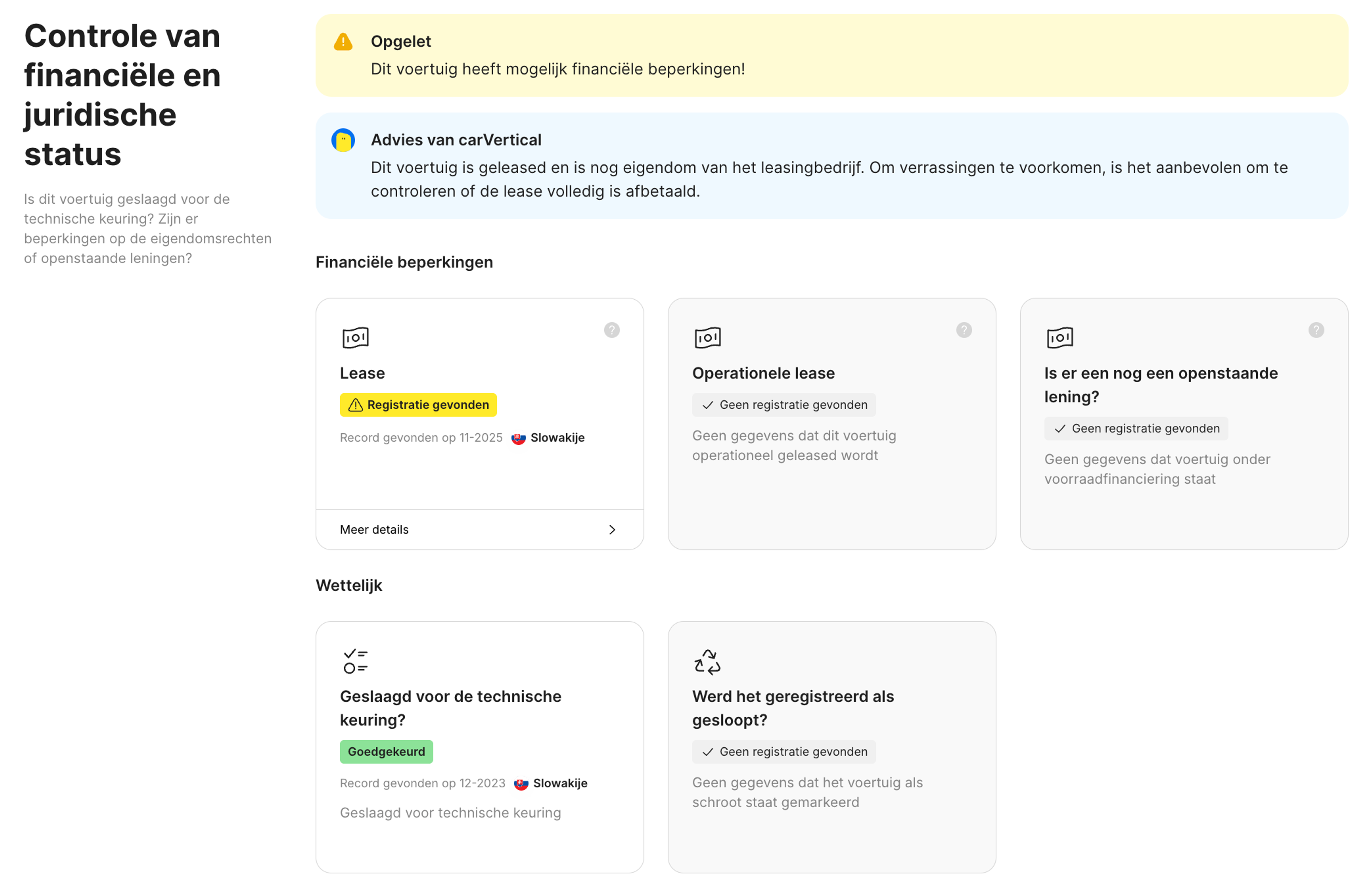 Financiële en juridische statusfunctie in het carVertical-rapport